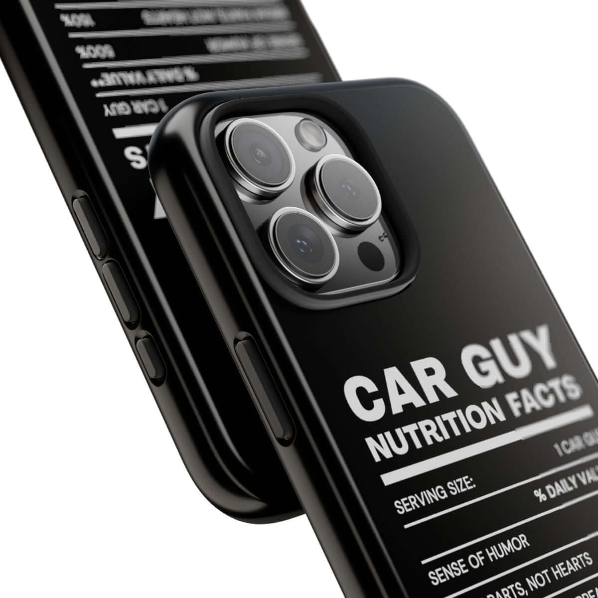 Car Guy Nutrition Facts tough phone case, close-up of the print