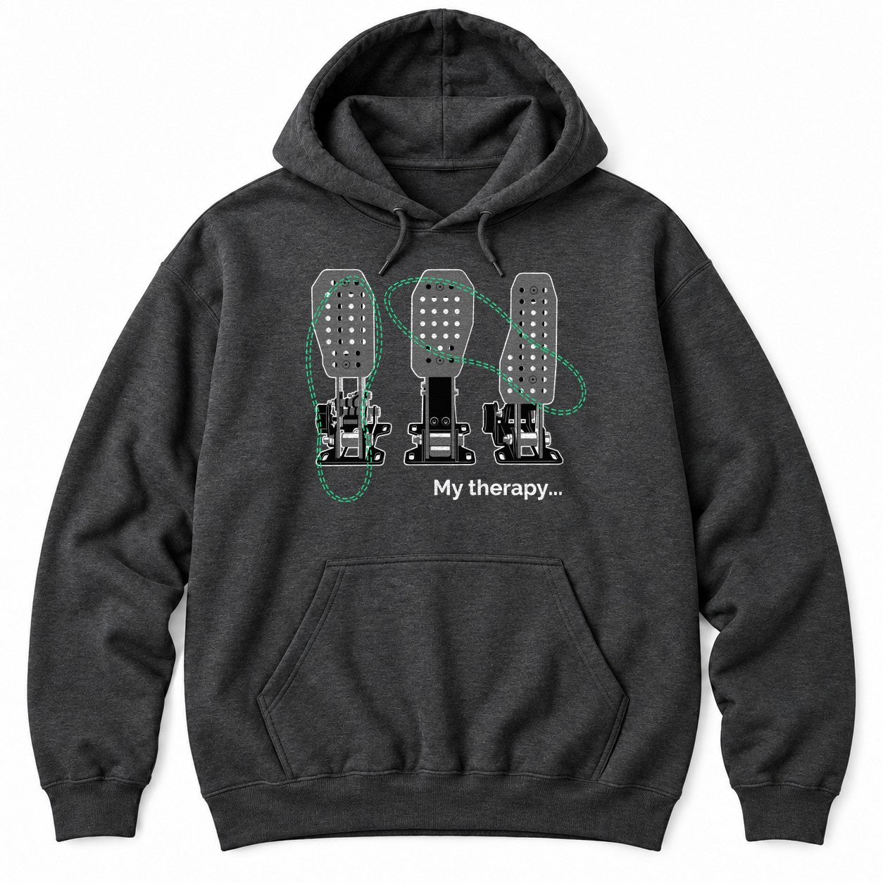 Dark Heather hoodie with three drilled race pedals, green dashed heel-toe footprints and the words My therapy...