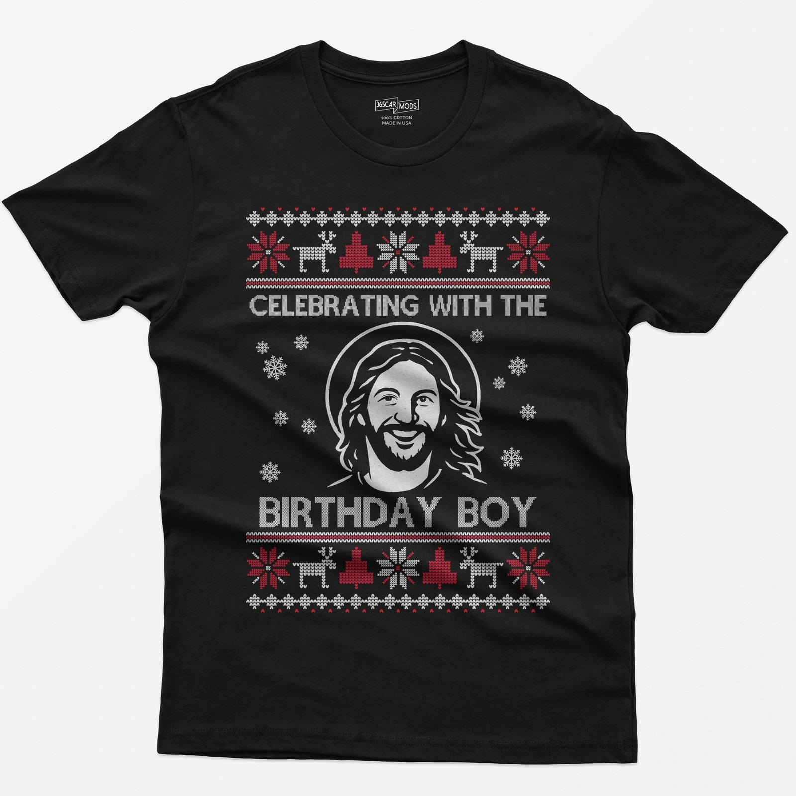 Black t-shirt with ugly sweater style print of a smiling Jesus with halo and the words Celebrating With The Birthday Boy