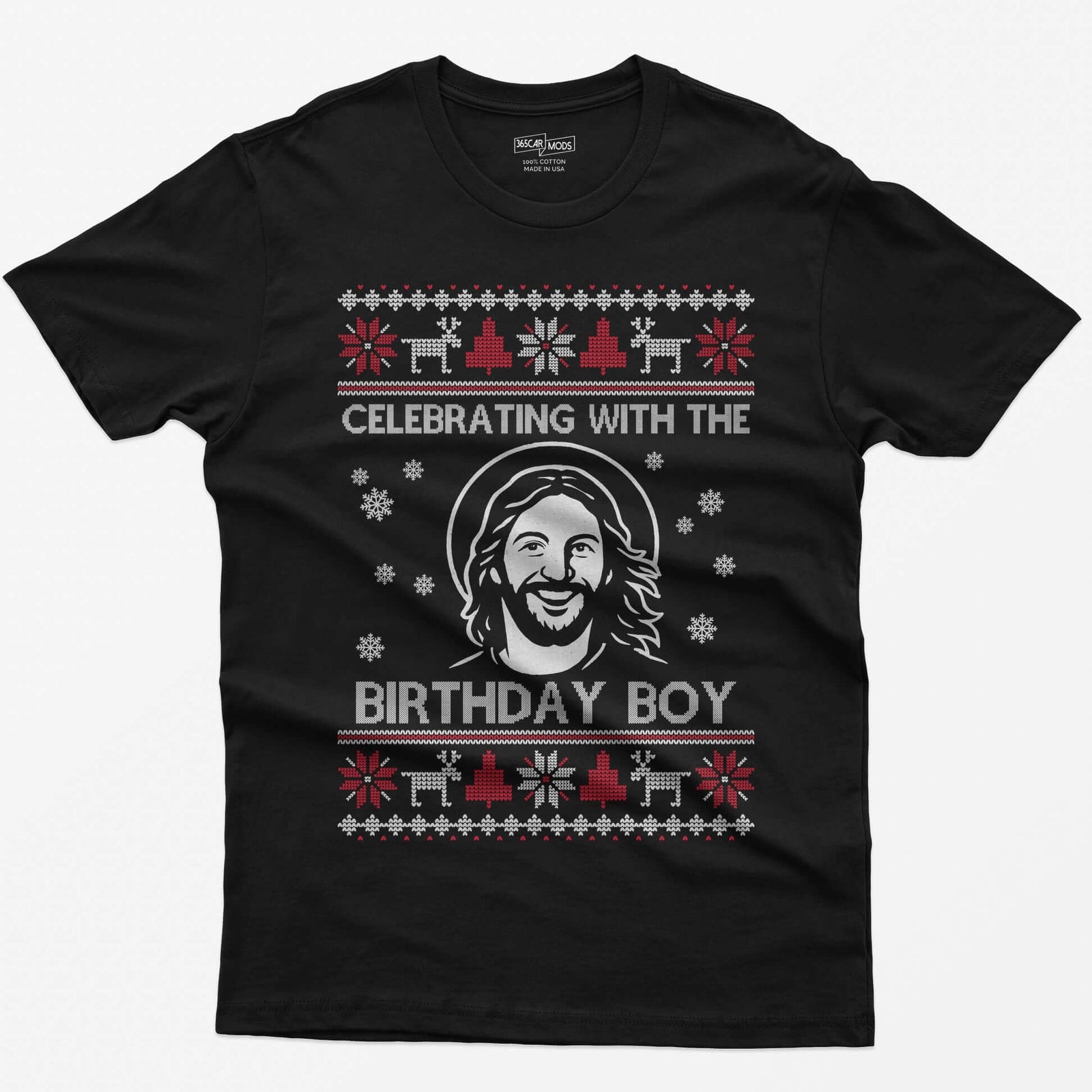 Black t-shirt with ugly sweater style print of a smiling Jesus with halo and the words Celebrating With The Birthday Boy