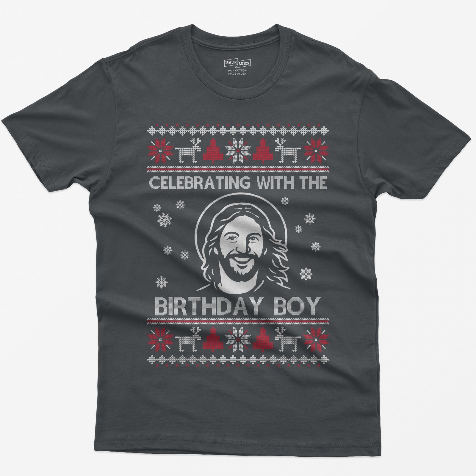 Charcoal t-shirt with ugly sweater style print of a smiling Jesus with halo and the words Celebrating With The Birthday Boy