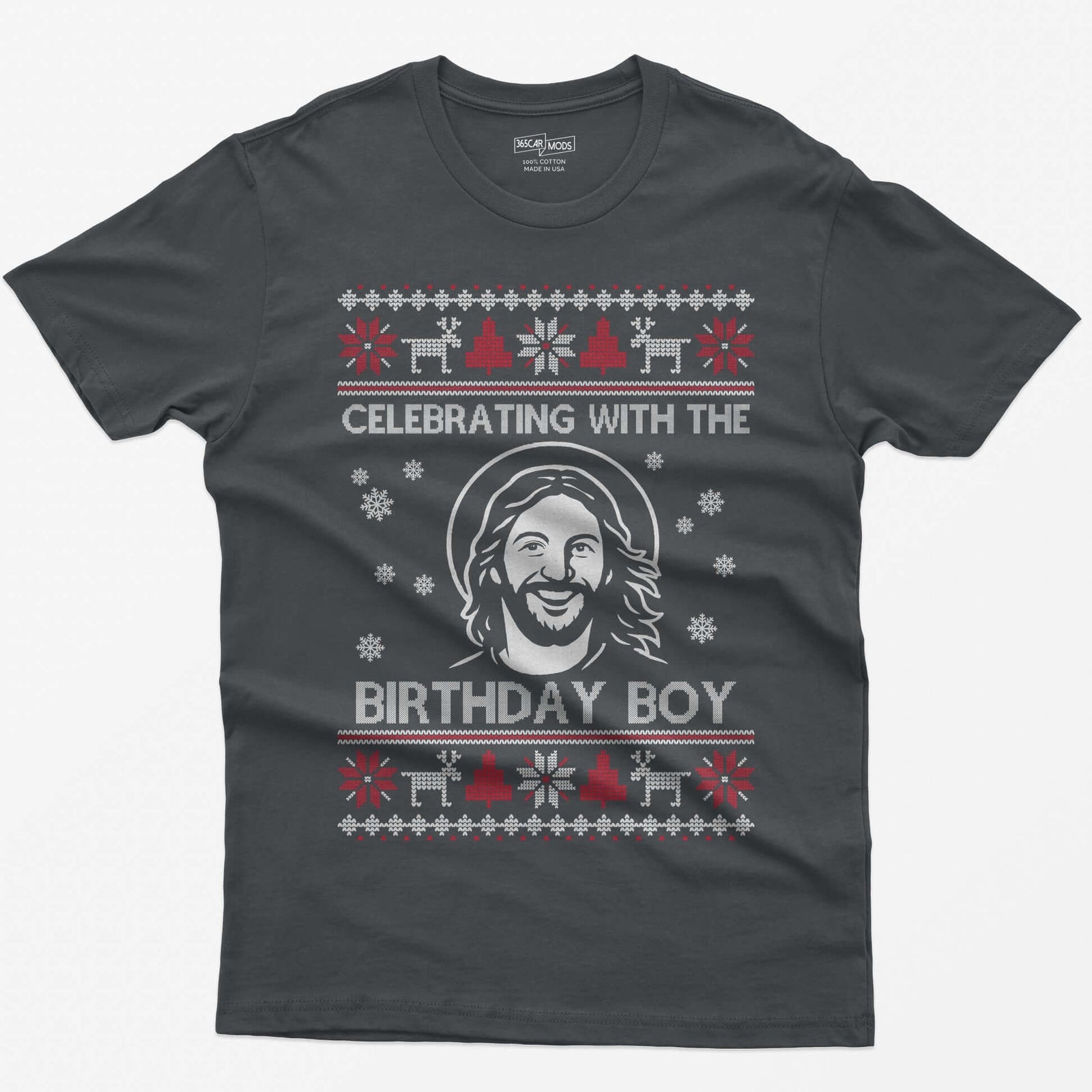 Charcoal t-shirt with ugly sweater style print of a smiling Jesus with halo and the words Celebrating With The Birthday Boy