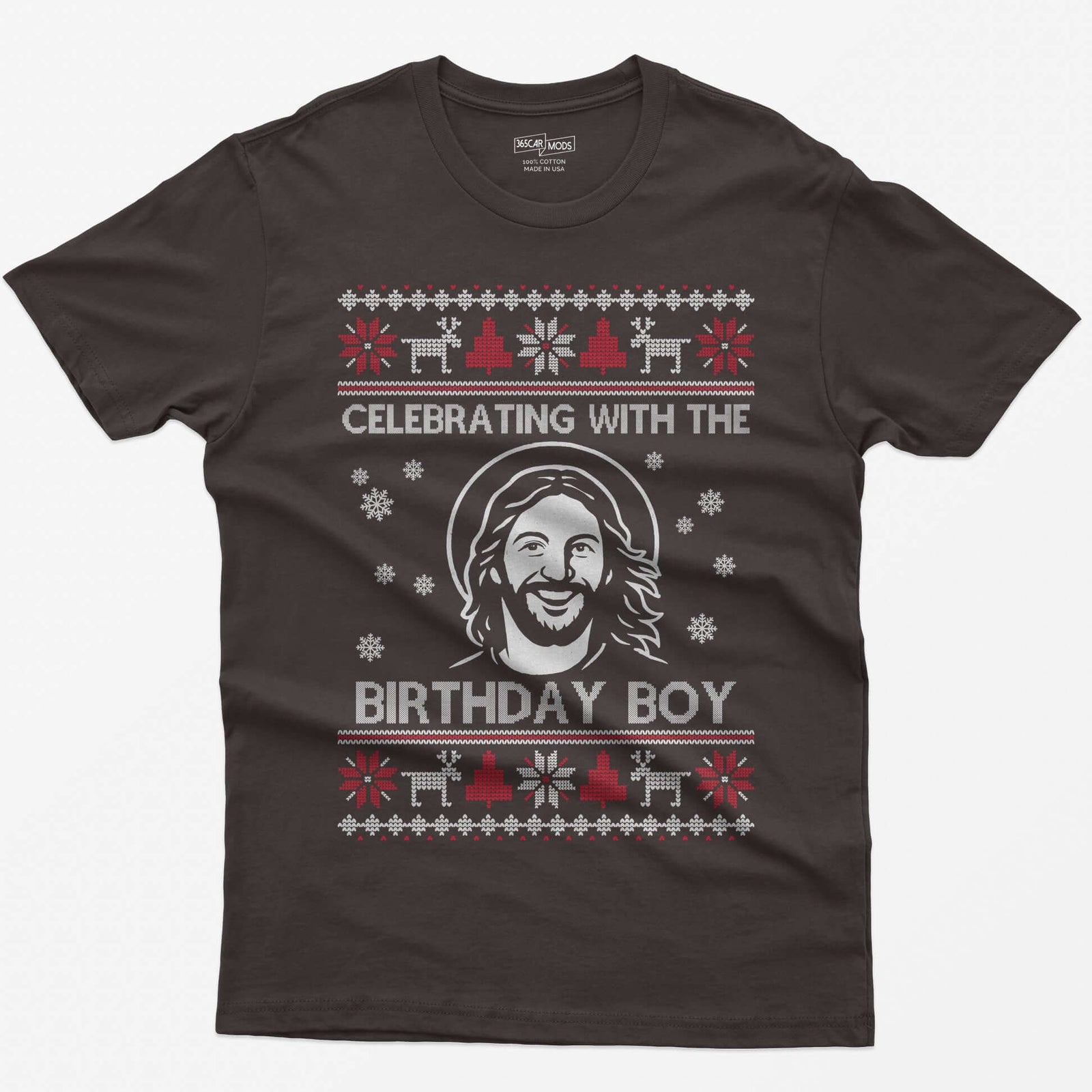 Dark Chocolate t-shirt with ugly sweater style print of a smiling Jesus with halo and the words Celebrating With The Birthday Boy