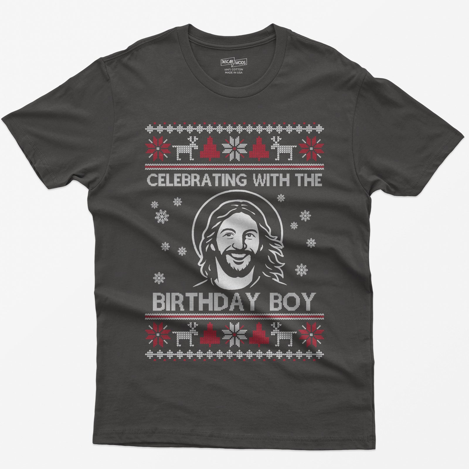 Dark Heather t-shirt with ugly sweater style print of a smiling Jesus with halo and the words Celebrating With The Birthday Boy
