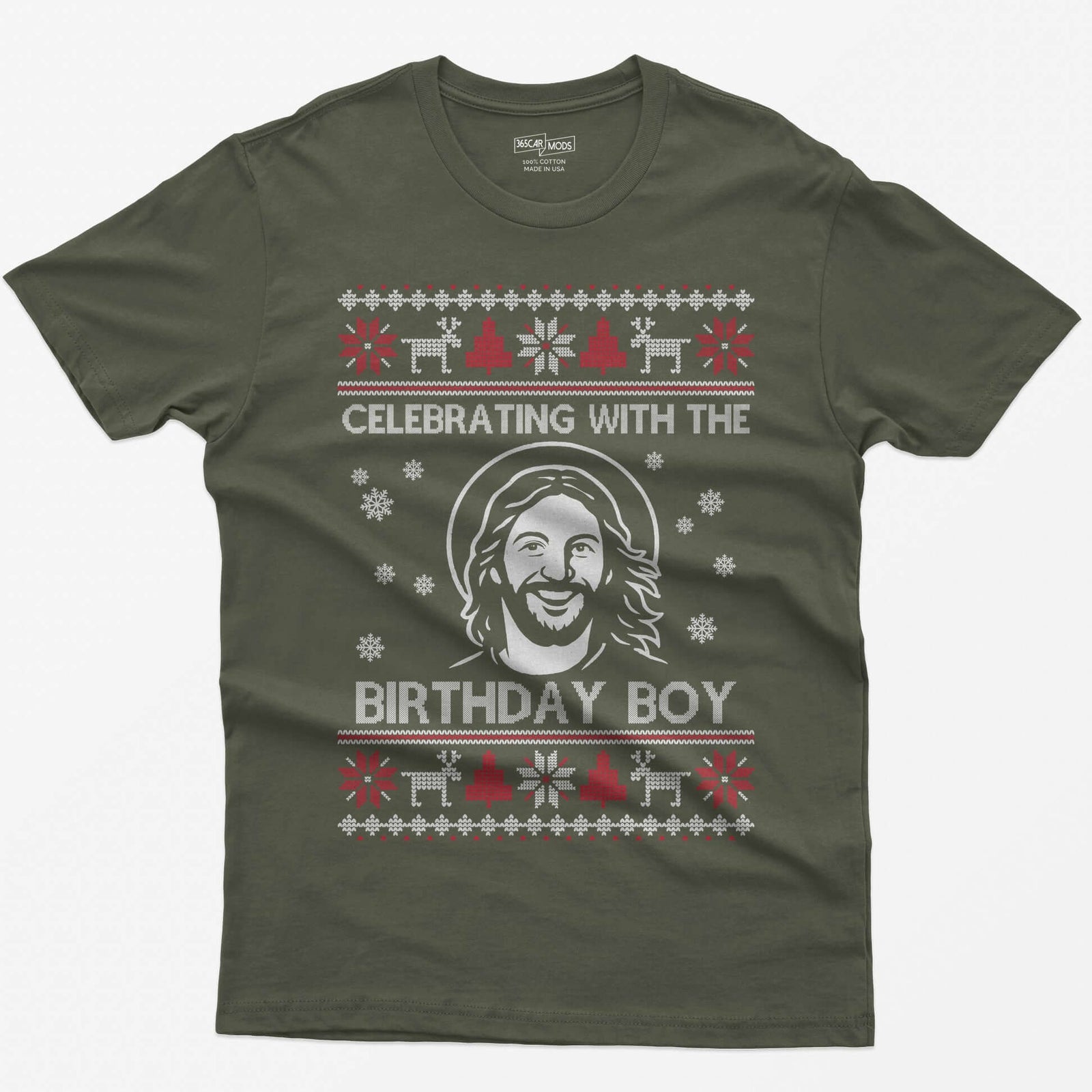 Military Green t-shirt with ugly sweater style print of a smiling Jesus with halo and the words Celebrating With The Birthday Boy