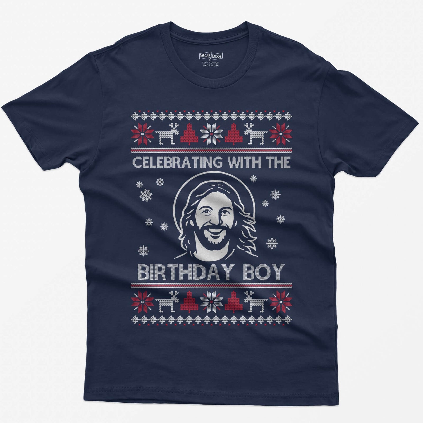 Navy t-shirt with ugly sweater style print of a smiling Jesus with halo and the words Celebrating With The Birthday Boy