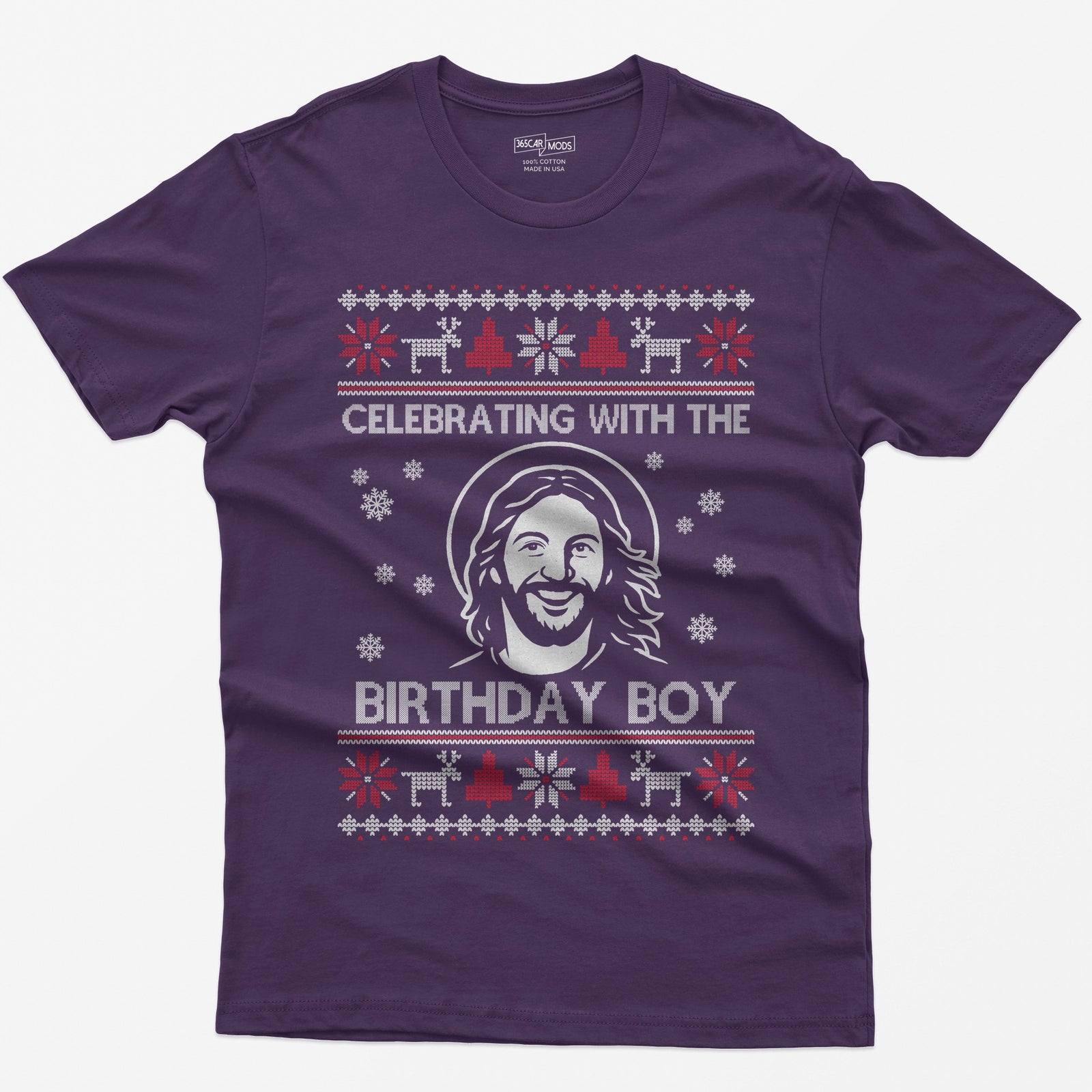 Purple t-shirt with ugly sweater style print of a smiling Jesus with halo and the words Celebrating With The Birthday Boy