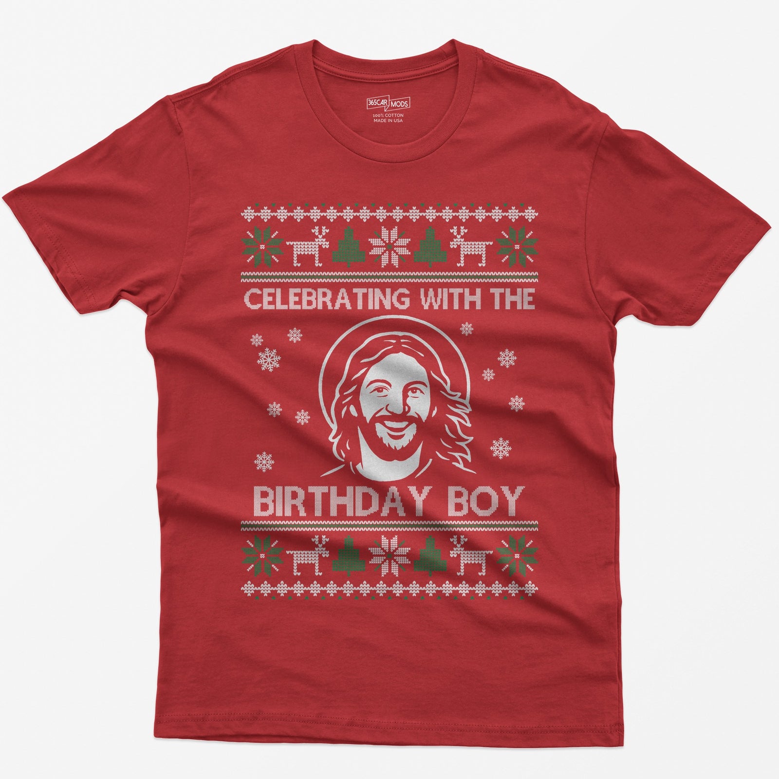 Red t-shirt with ugly sweater style print of a smiling Jesus with halo and the words Celebrating With The Birthday Boy