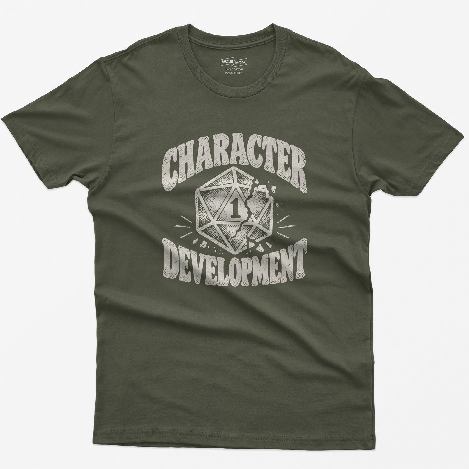 Character Development T-Shirt | Nat 1 D20 Tabletop RPG Tee in military green with a cracked d20 die design.