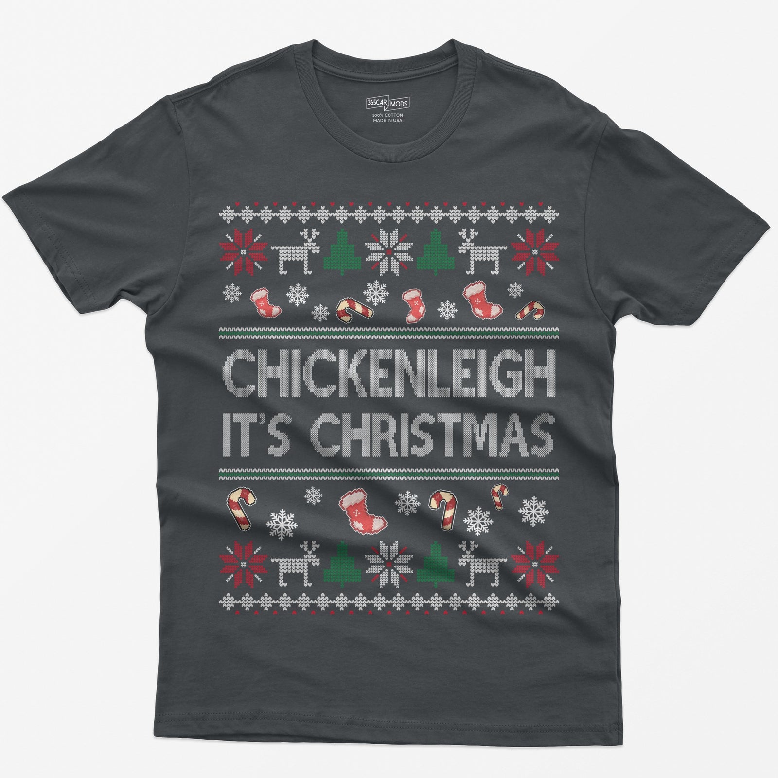Charcoal t-shirt with Chickenleigh It's Christmas in knit-style letters with stockings, candy canes, reindeer and trees