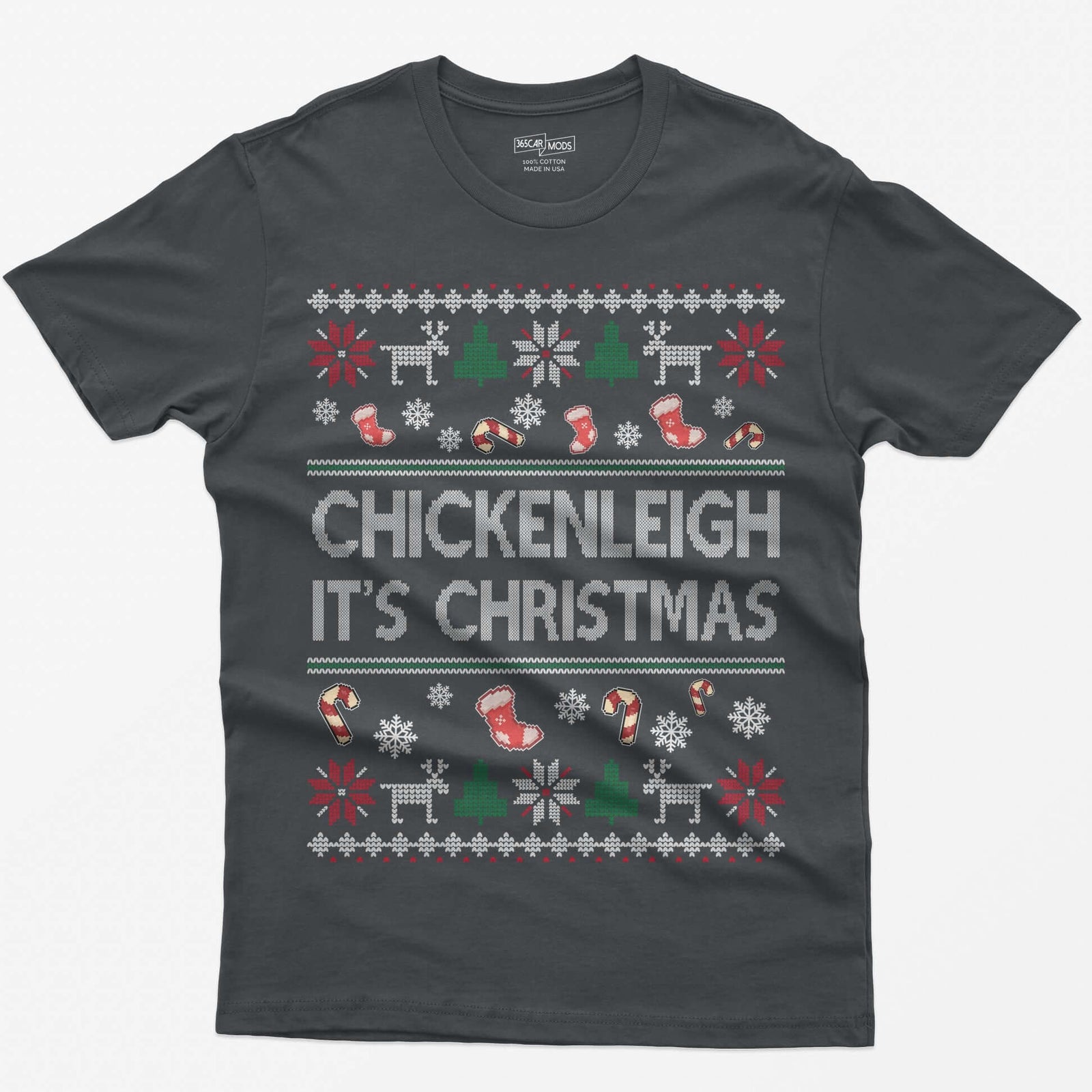 Charcoal t-shirt with Chickenleigh It's Christmas in knit-style letters with stockings, candy canes, reindeer and trees