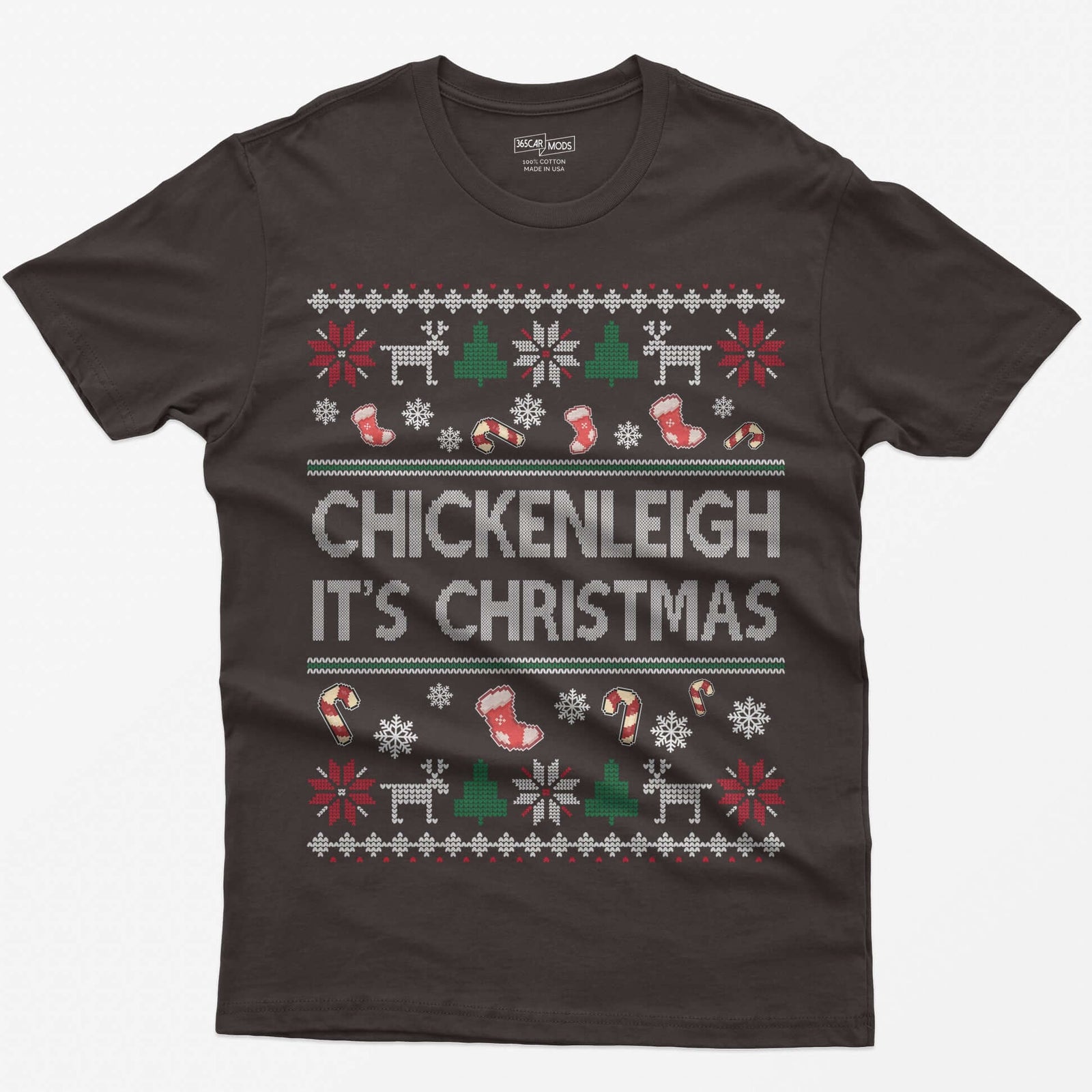 Dark Chocolate t-shirt with Chickenleigh It's Christmas in knit-style letters with stockings, candy canes, reindeer and trees