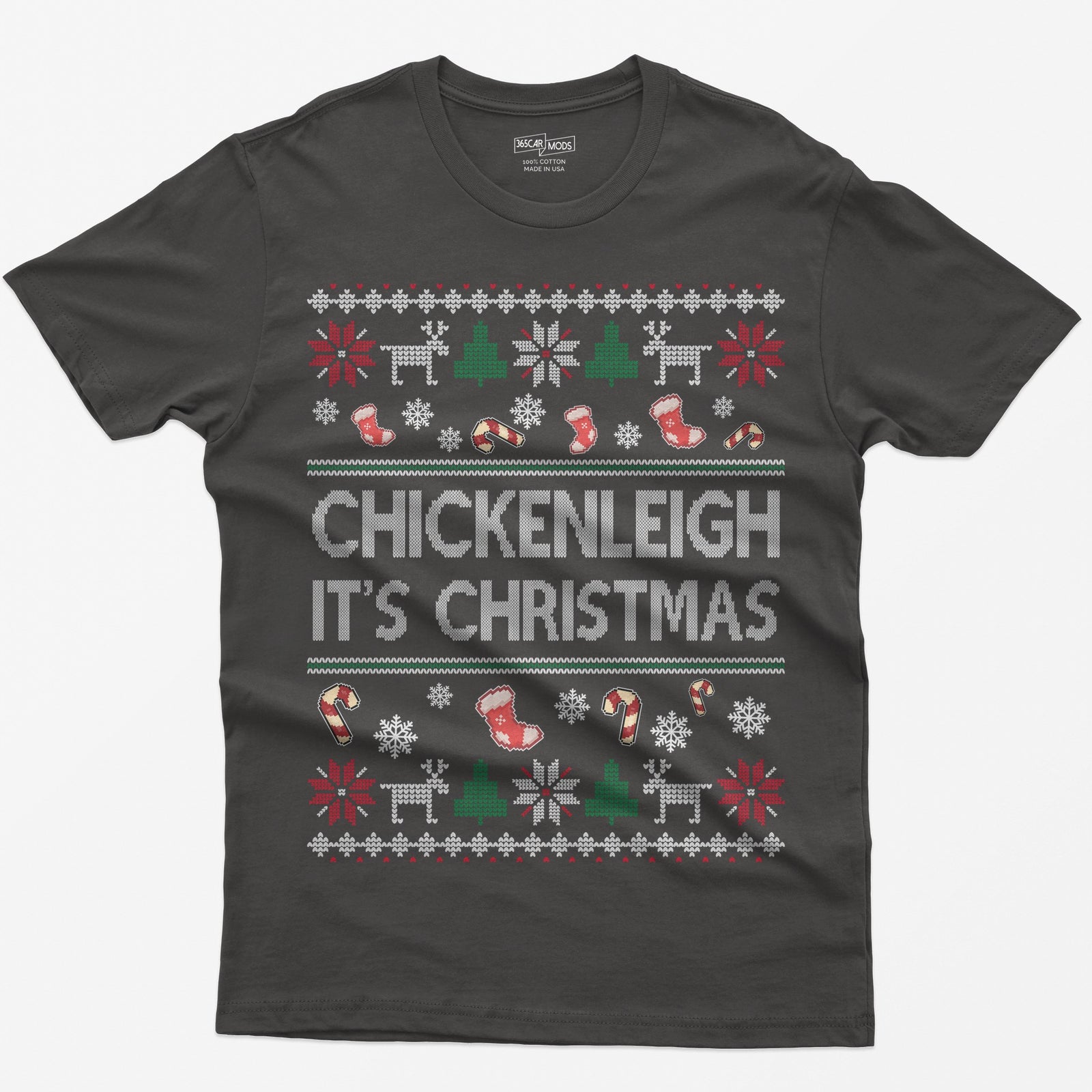 Dark Heather t-shirt with Chickenleigh It's Christmas in knit-style letters with stockings, candy canes, reindeer and trees
