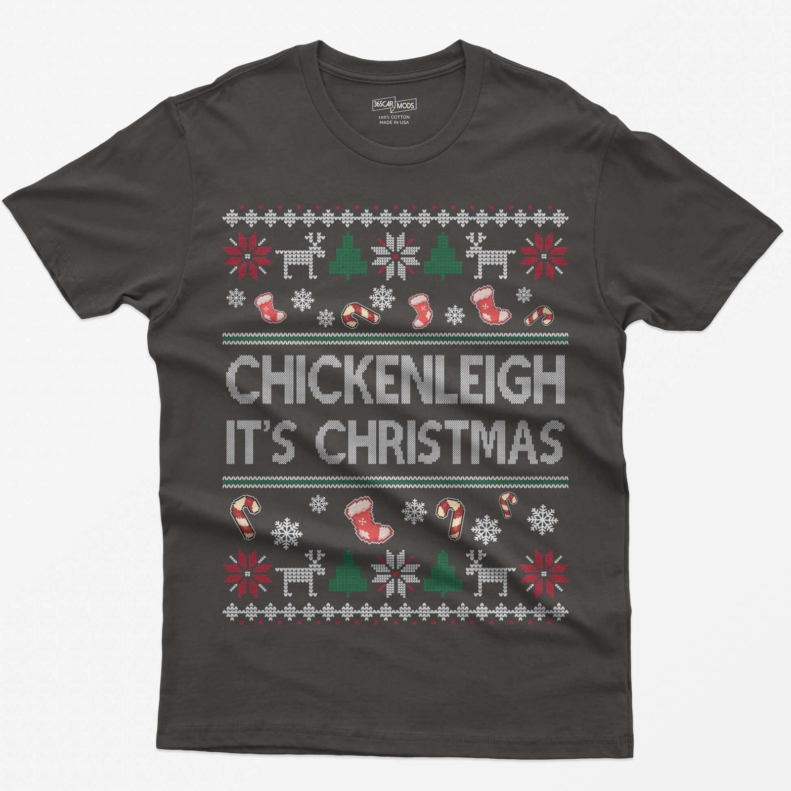 Dark Heather t-shirt with Chickenleigh It's Christmas in knit-style letters with stockings, candy canes, reindeer and trees