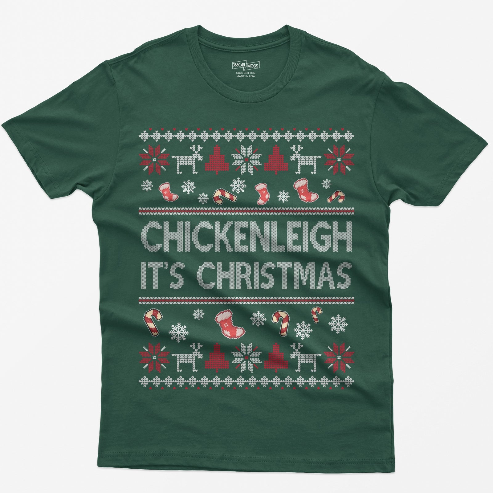 Forest Green t-shirt with Chickenleigh It's Christmas in knit-style letters with stockings, candy canes, reindeer and trees