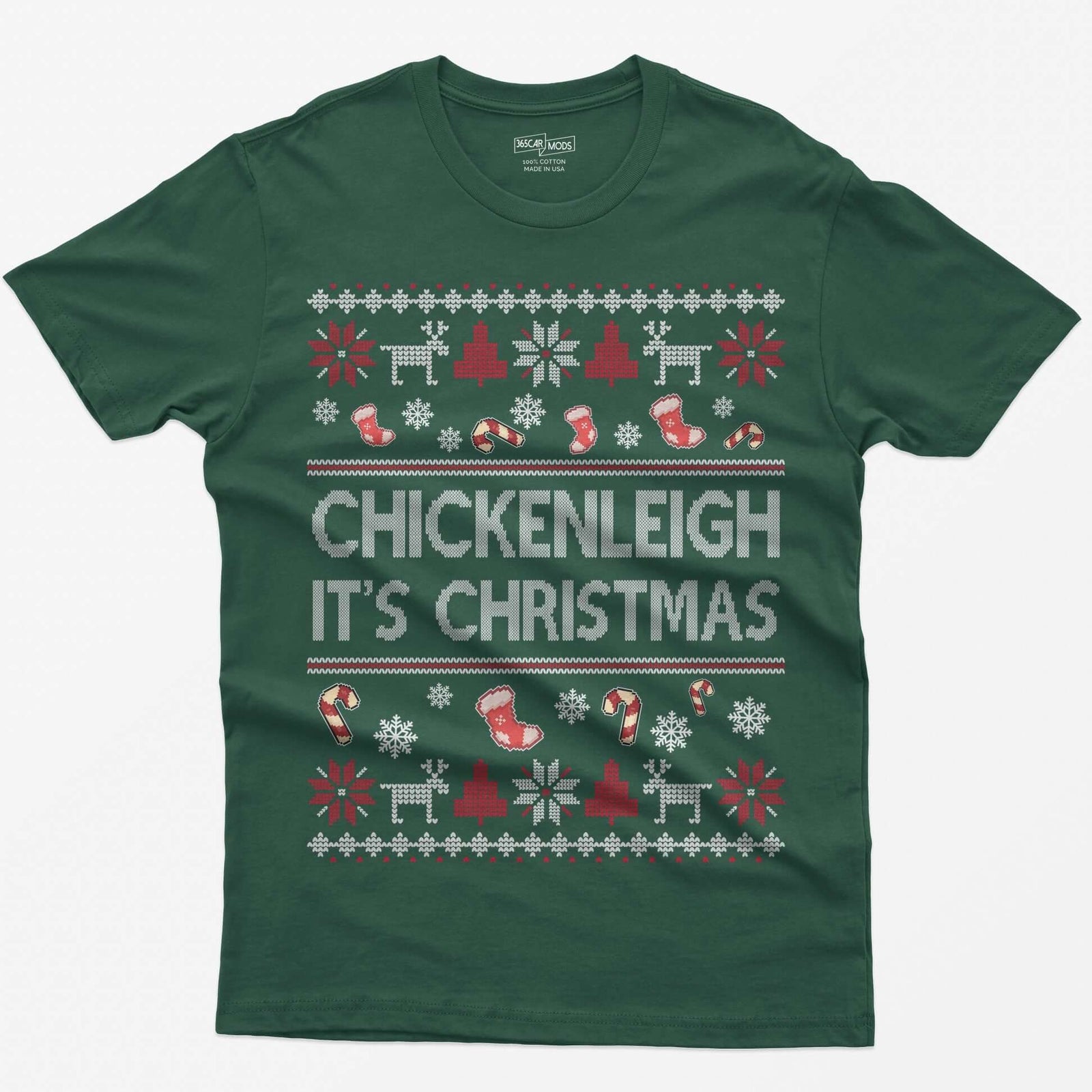 Forest Green t-shirt with Chickenleigh It's Christmas in knit-style letters with stockings, candy canes, reindeer and trees