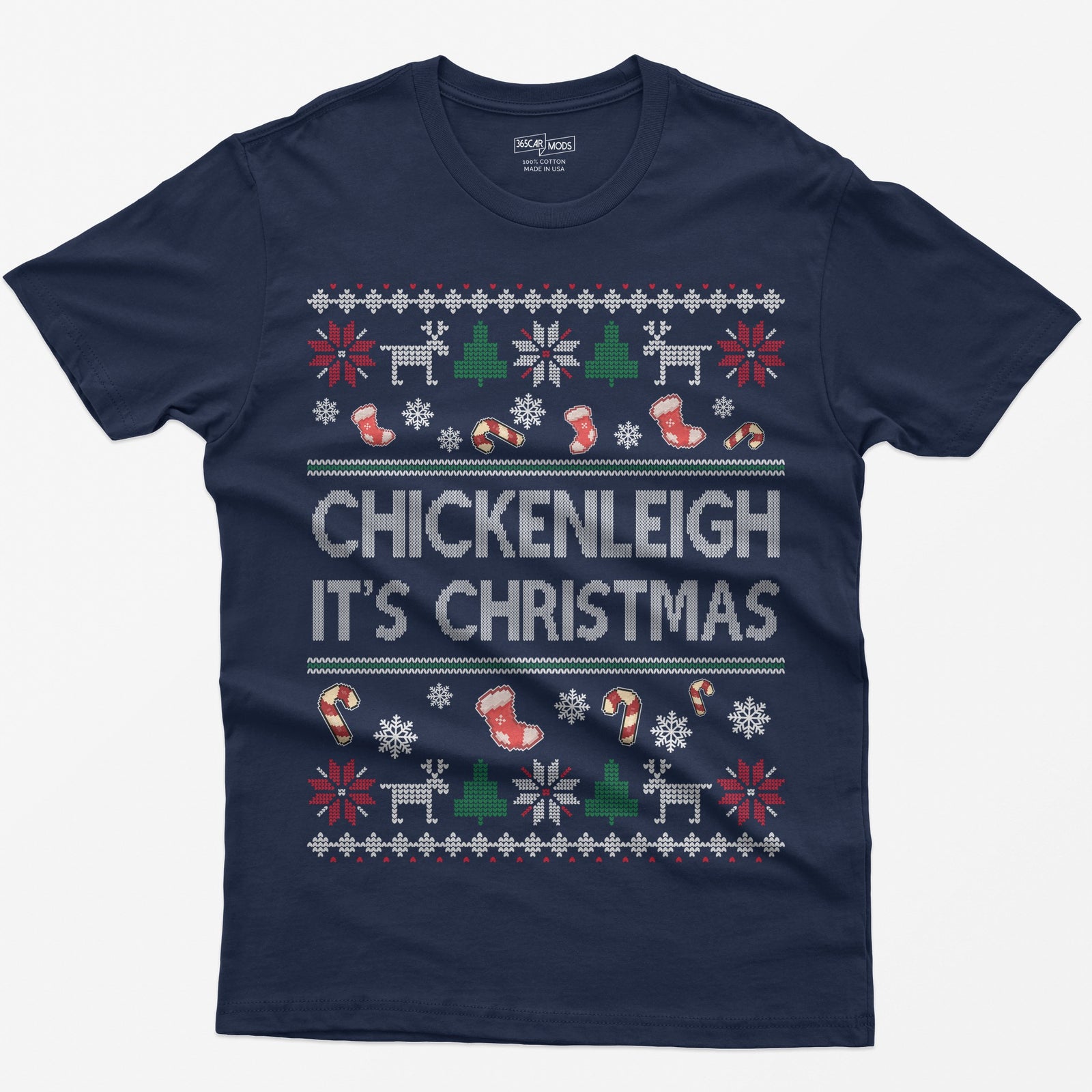 Navy t-shirt with Chickenleigh It's Christmas in knit-style letters with stockings, candy canes, reindeer and trees