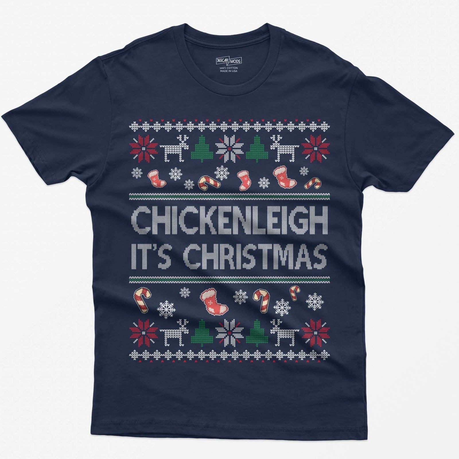 Navy t-shirt with Chickenleigh It's Christmas in knit-style letters with stockings, candy canes, reindeer and trees