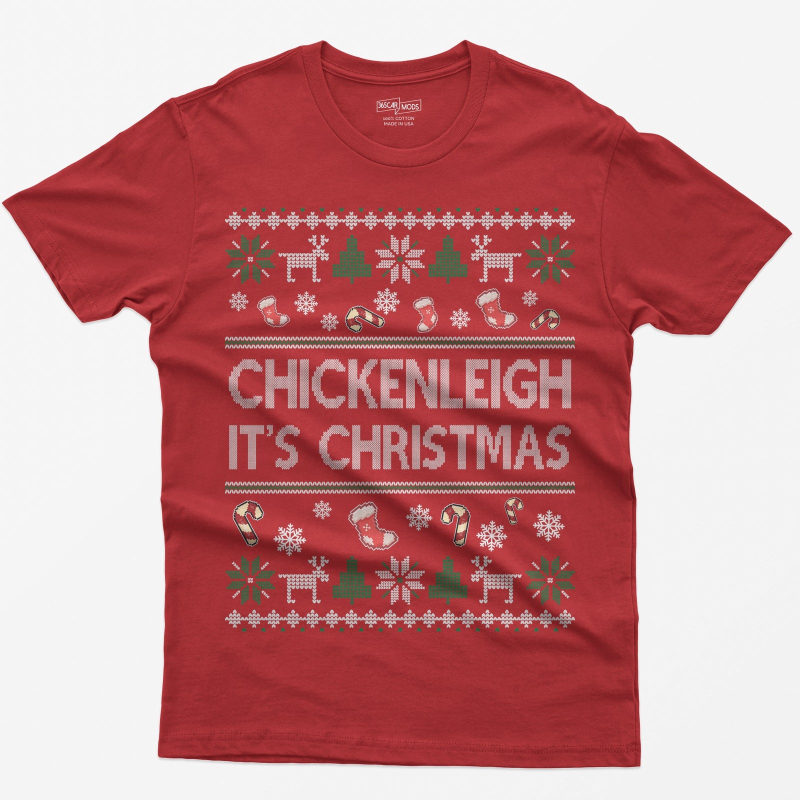 Red t-shirt with Chickenleigh It's Christmas in knit-style letters with stockings, candy canes, reindeer and trees