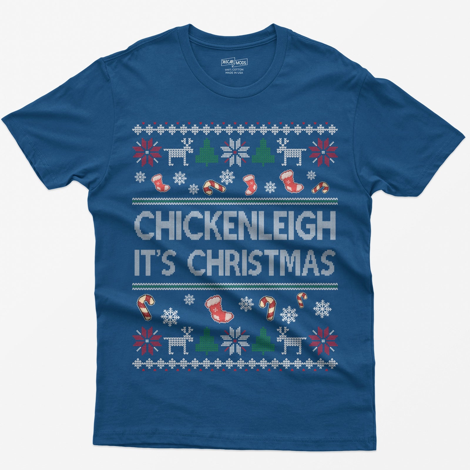 Royal t-shirt with Chickenleigh It's Christmas in knit-style letters with stockings, candy canes, reindeer and trees