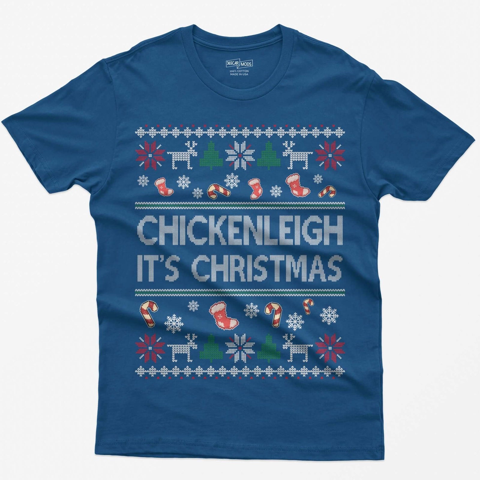 Royal t-shirt with Chickenleigh It's Christmas in knit-style letters with stockings, candy canes, reindeer and trees