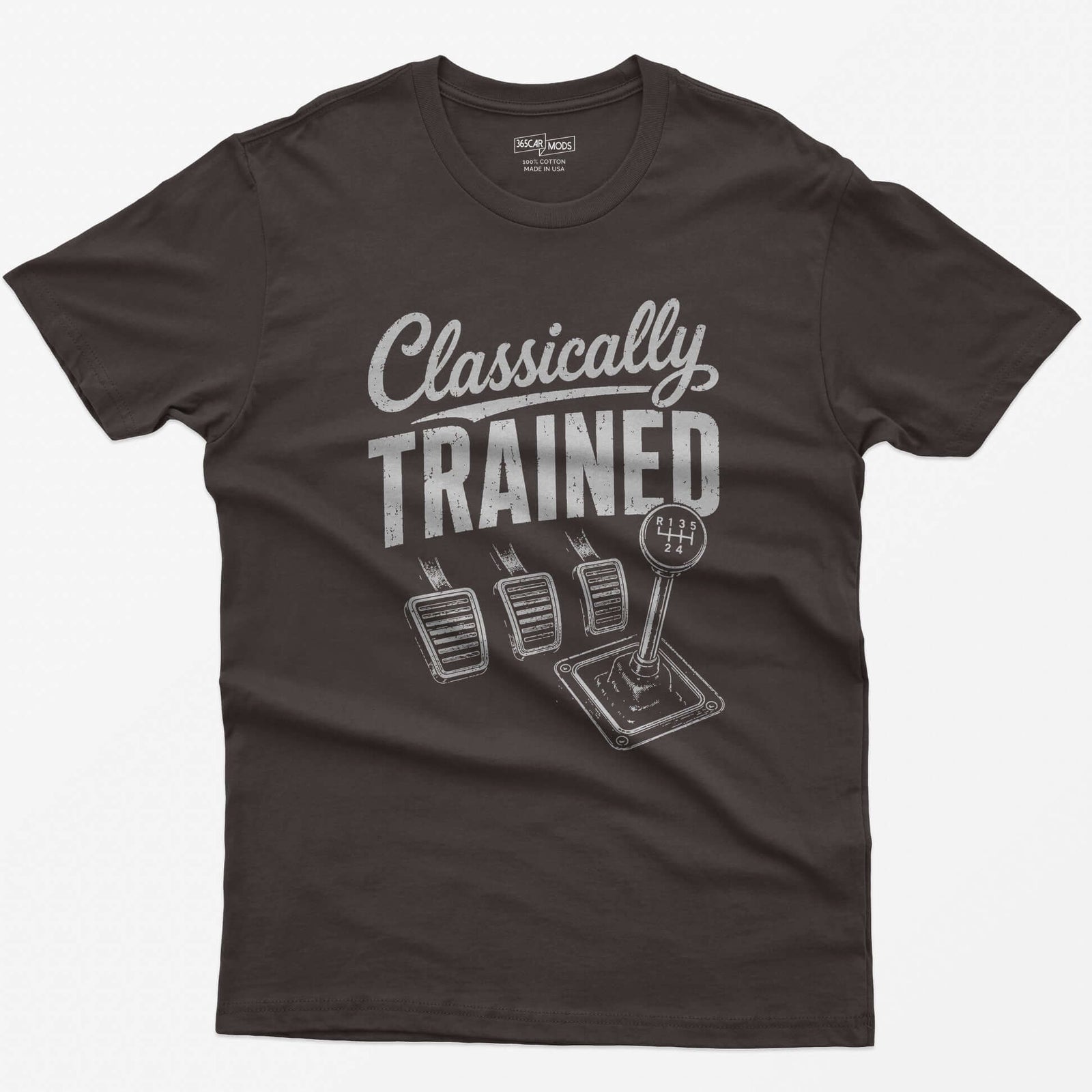 Dark Chocolate t-shirt with Classically Trained text, three vintage pedals and a six-speed shifter with R 1 3 5 2 4 gate