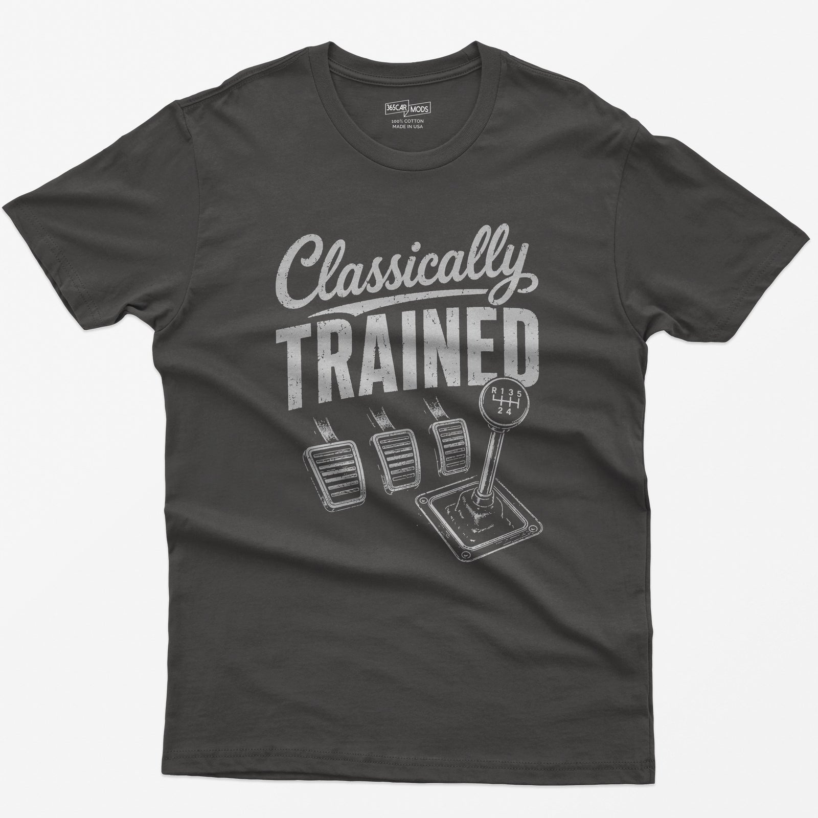 Dark Heather t-shirt with Classically Trained text, three vintage pedals and a six-speed shifter with R 1 3 5 2 4 gate