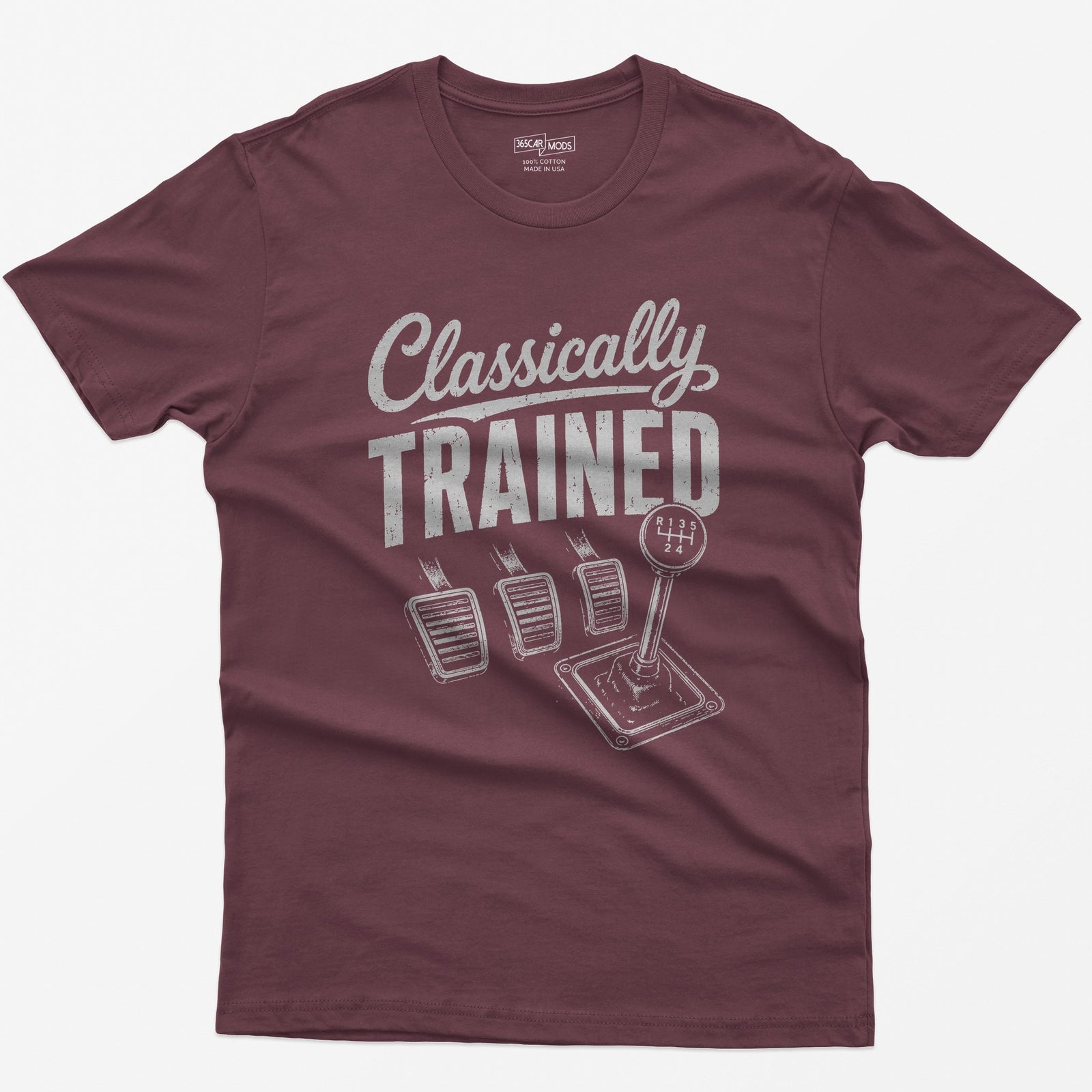 Maroon t-shirt with Classically Trained text, three vintage pedals and a six-speed shifter with R 1 3 5 2 4 gate
