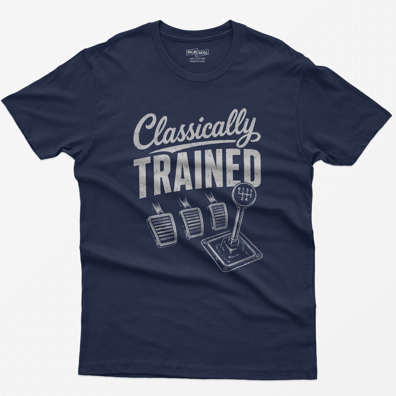 Navy t-shirt with Classically Trained text, three vintage pedals and a six-speed shifter with R 1 3 5 2 4 gate