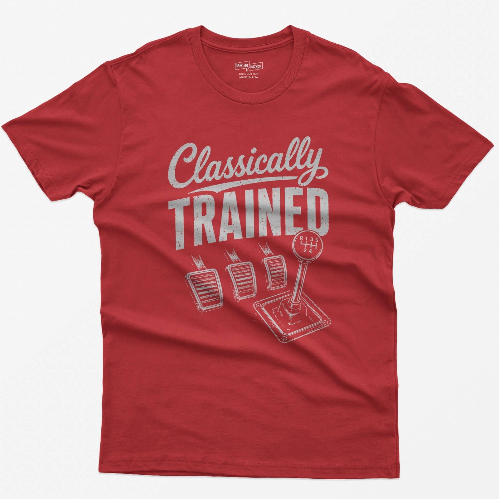 Red t-shirt with Classically Trained text, three vintage pedals and a six-speed shifter with R 1 3 5 2 4 gate
