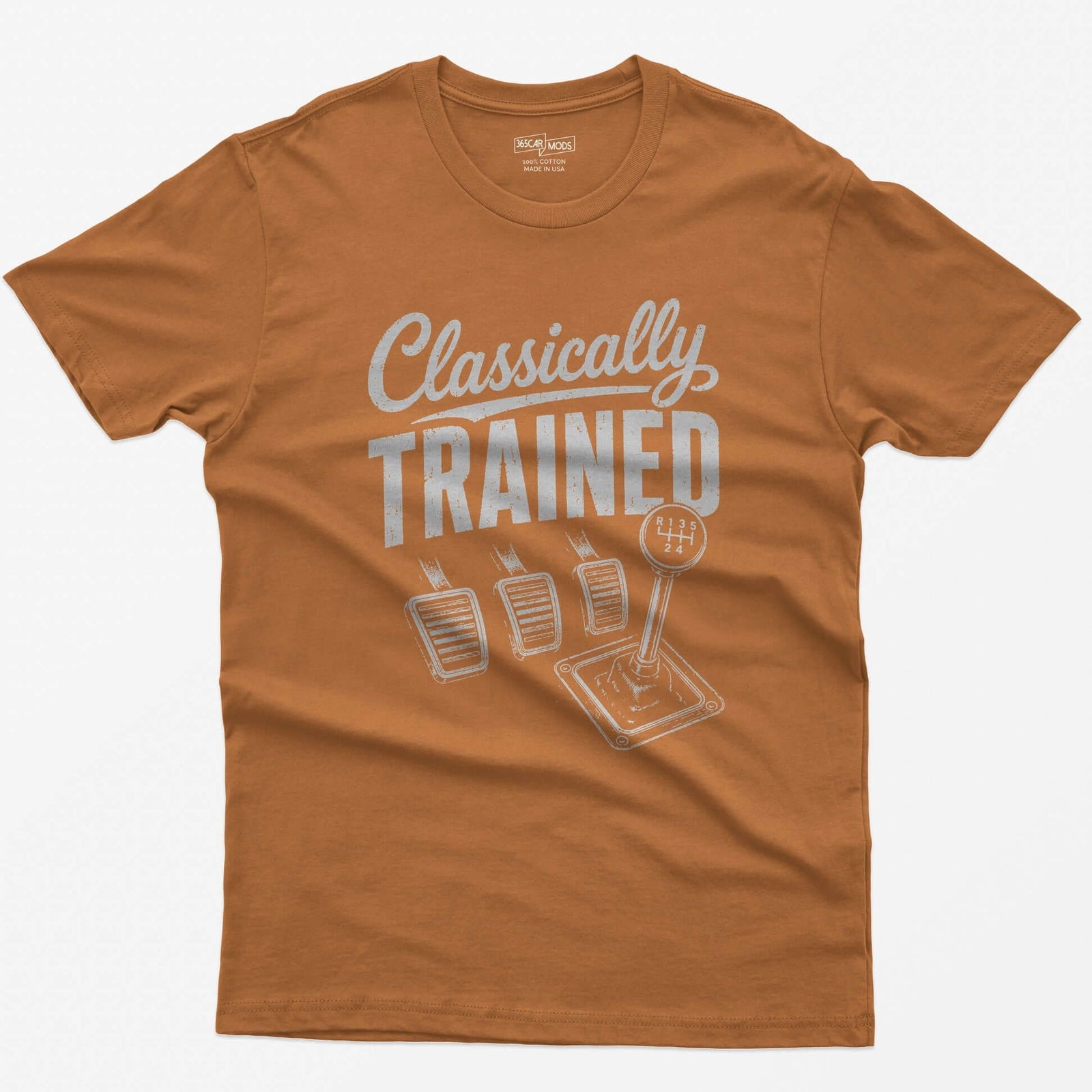 Texas Orange t-shirt with Classically Trained text, three vintage pedals and a six-speed shifter with R 1 3 5 2 4 gate
