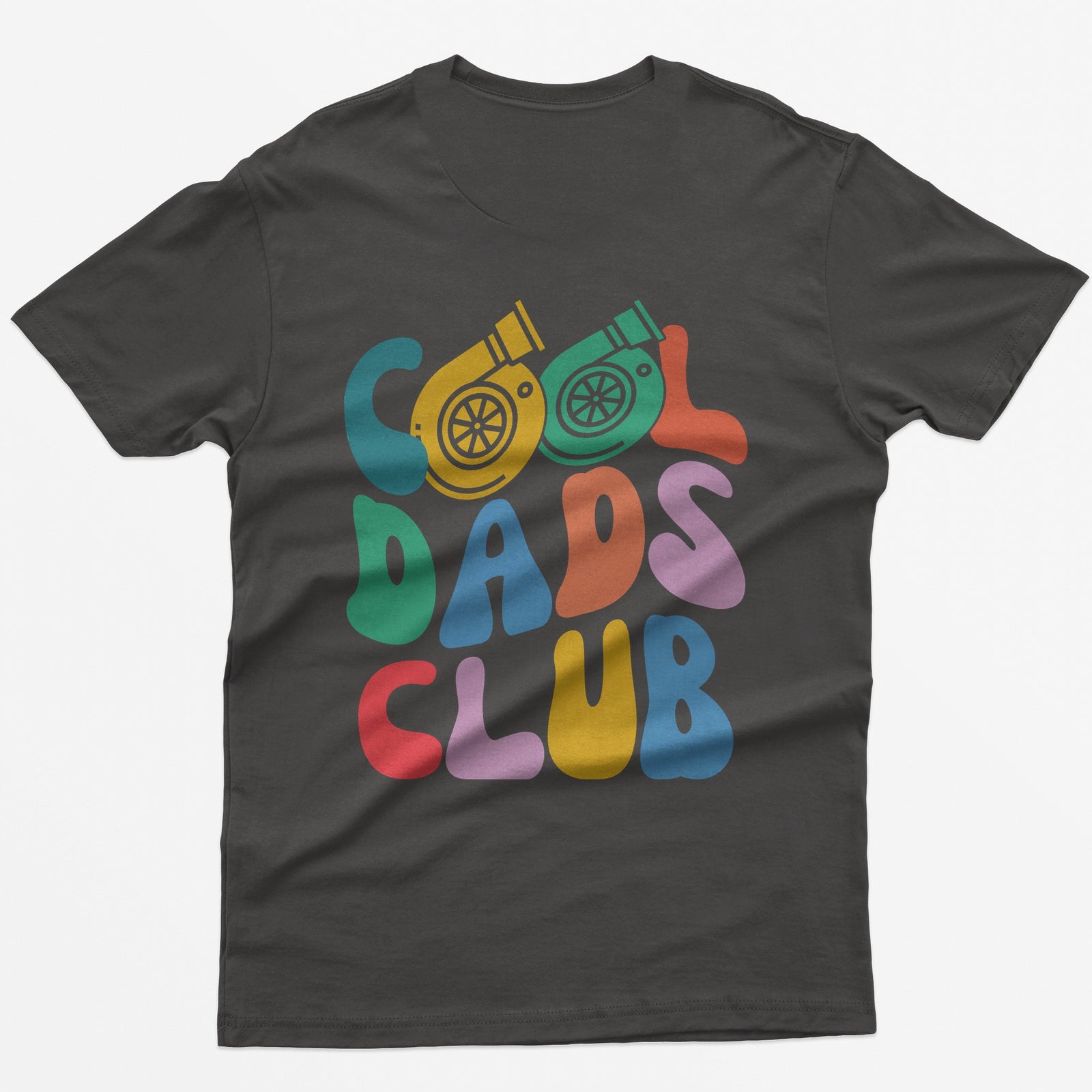 Dark Heather t-shirt with colorful retro Cool Dads Club back print, the O's in Cool drawn as two turbos