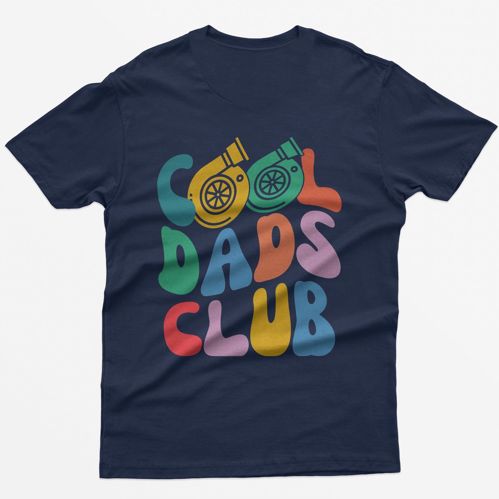 Navy t-shirt with colorful retro Cool Dads Club back print, the O's in Cool drawn as two turbos