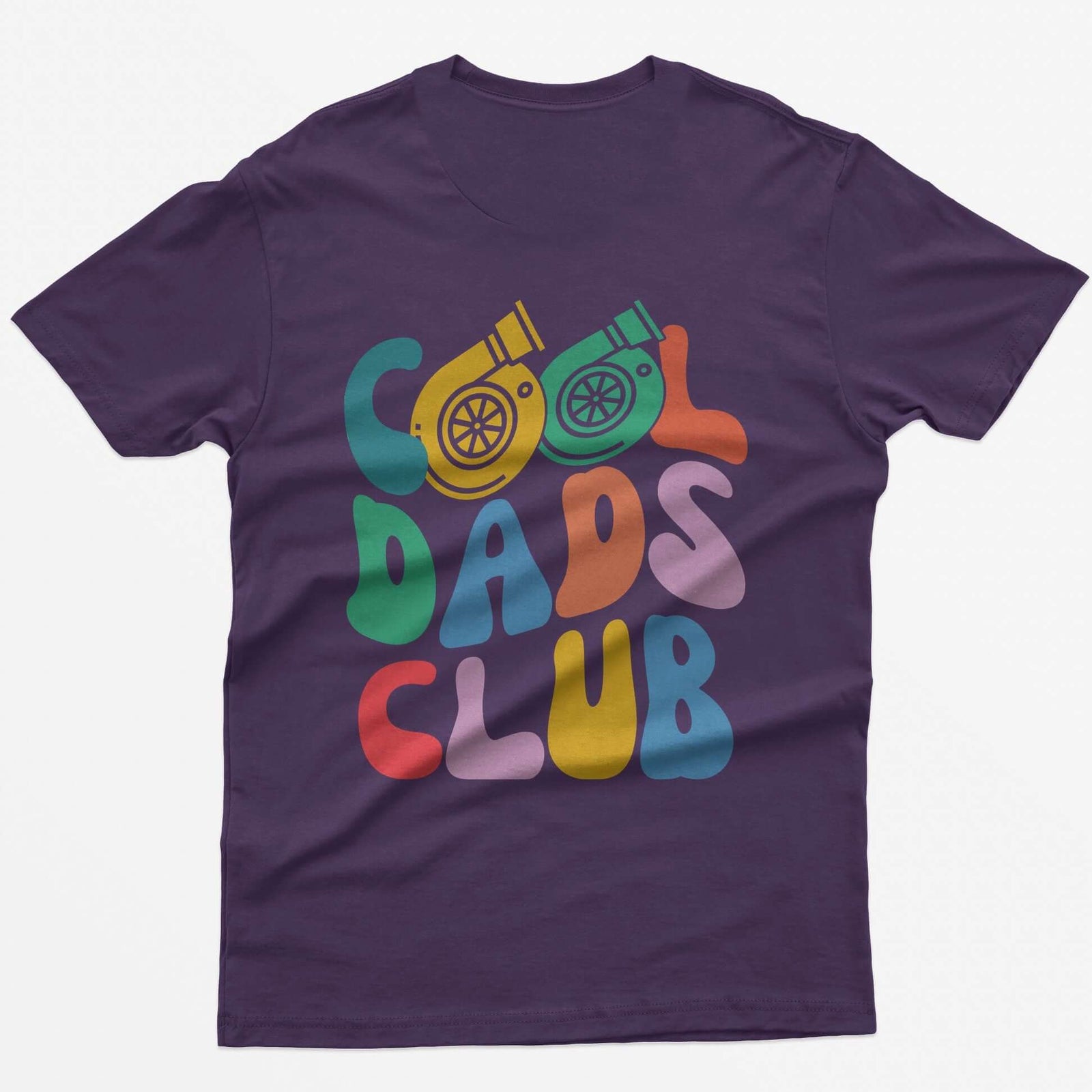 Purple t-shirt with colorful retro Cool Dads Club back print, the O's in Cool drawn as two turbos