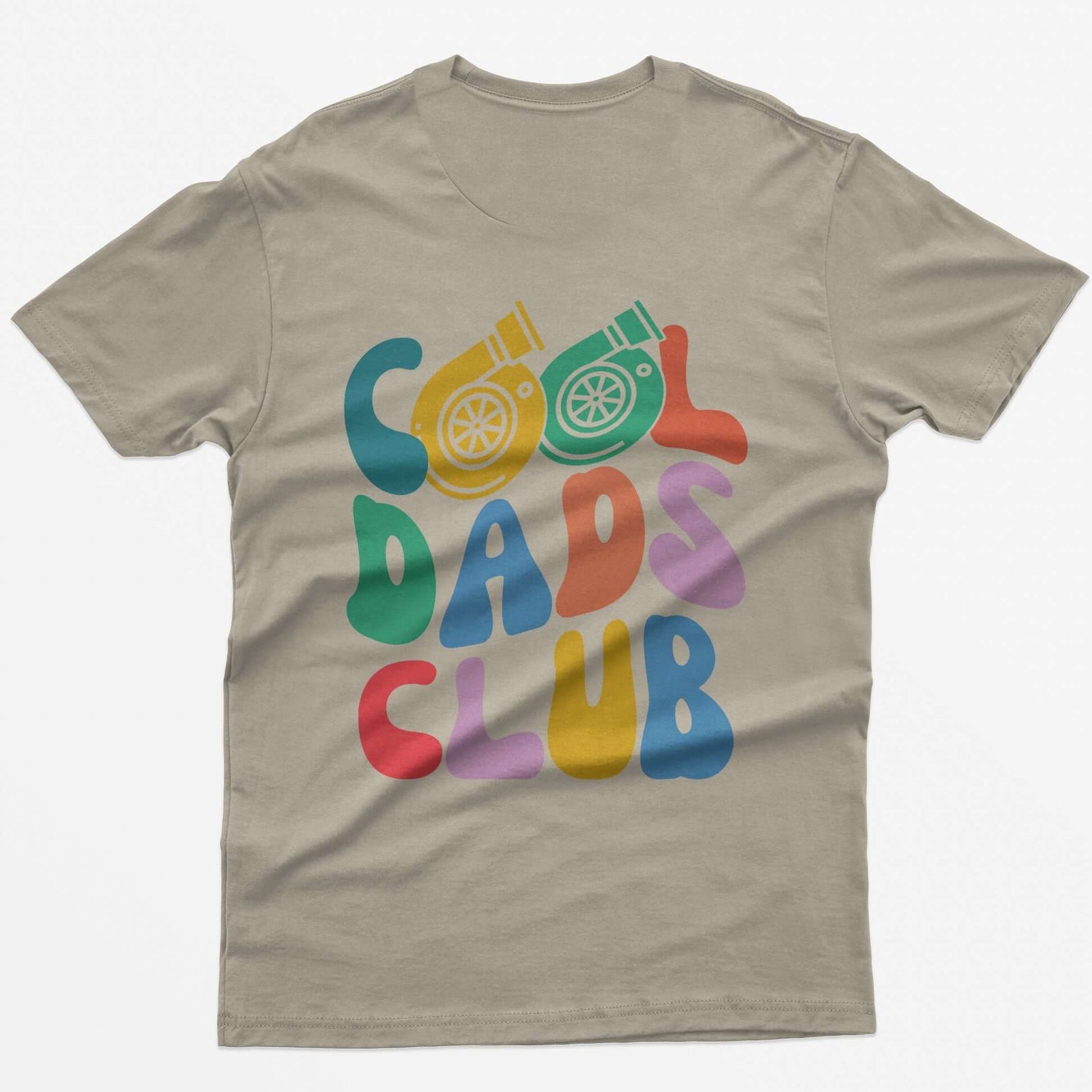 Sand t-shirt with colorful retro Cool Dads Club back print, the O's in Cool drawn as two turbos