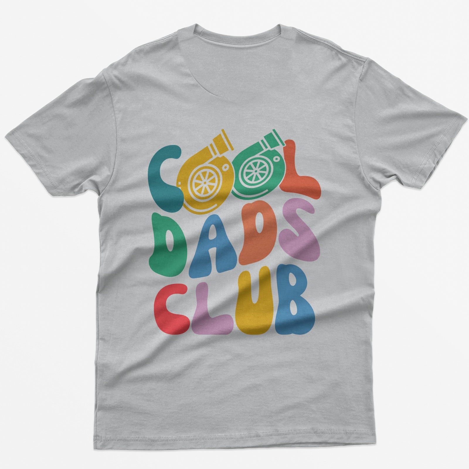 Sport Grey t-shirt with colorful retro Cool Dads Club back print, the O's in Cool drawn as two turbos
