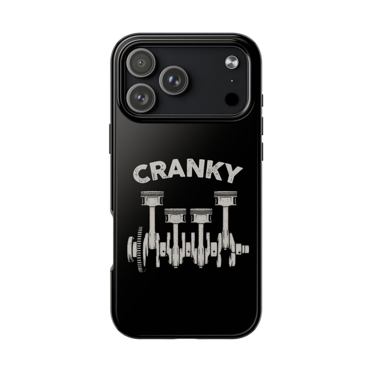 Cranky Mechanic tough phone case on iPhone 18 Pro Max, back view