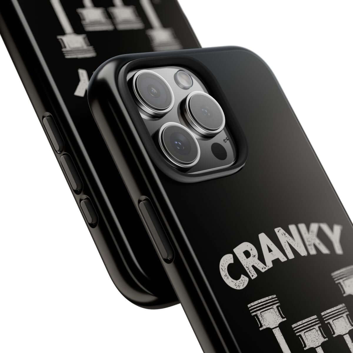 Cranky Mechanic tough phone case, close-up of the print