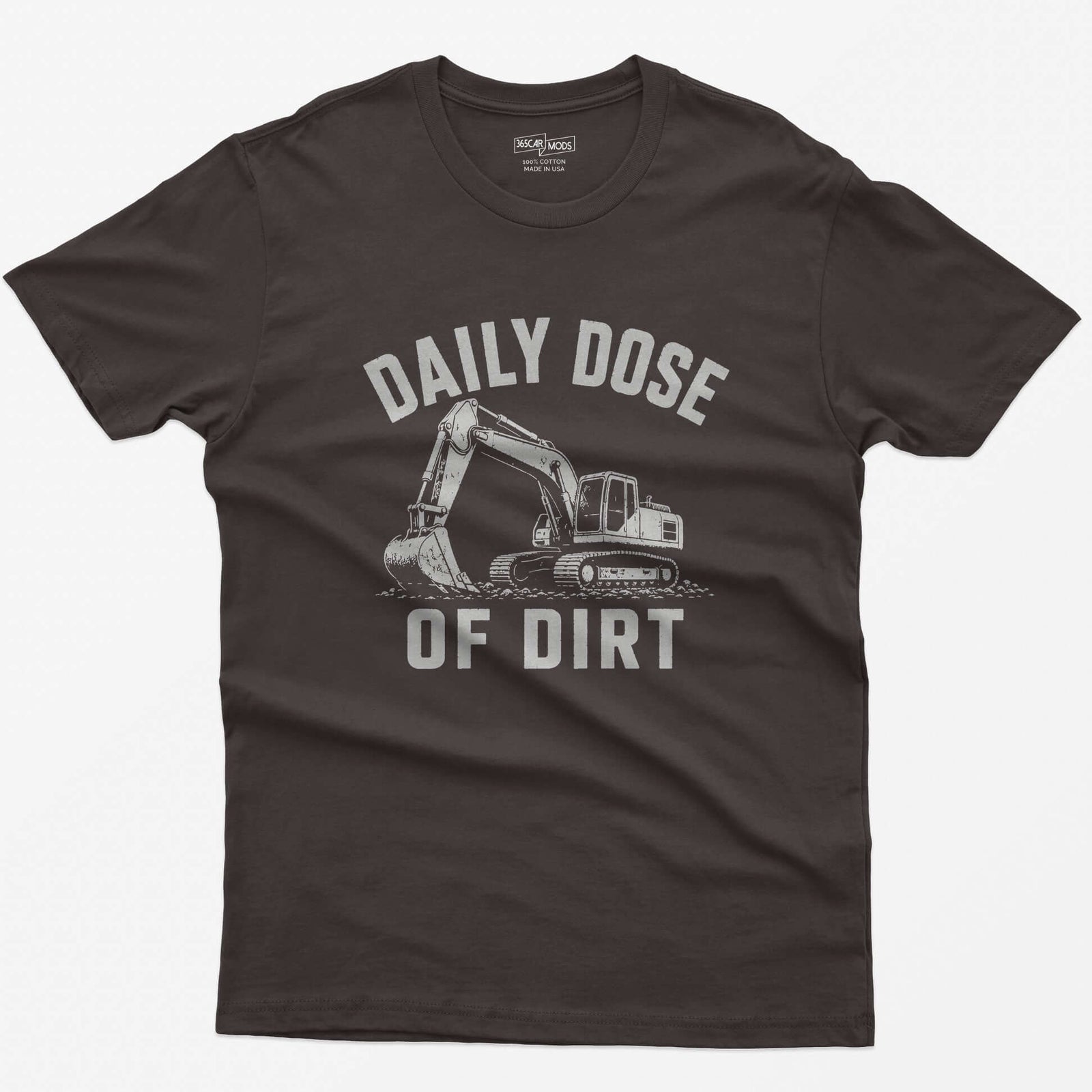 Dark Chocolate t-shirt with distressed grey vintage drawing of a tracked excavator digging and the words Daily Dose of Dirt