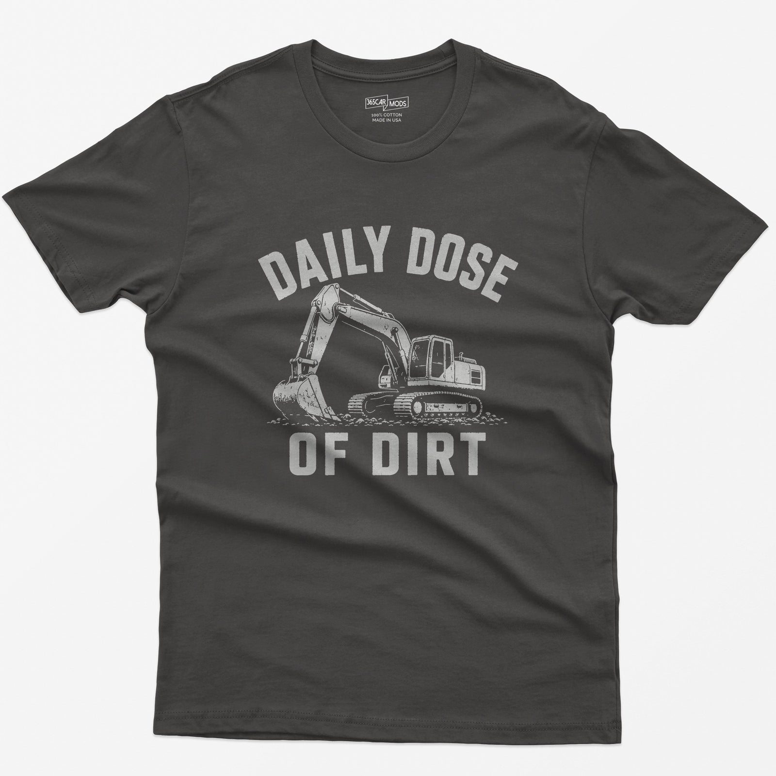 Dark Heather t-shirt with distressed grey vintage drawing of a tracked excavator digging and the words Daily Dose of Dirt