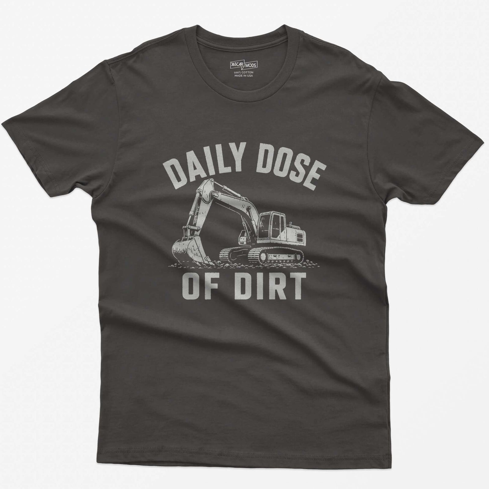 Dark Heather t-shirt with distressed grey vintage drawing of a tracked excavator digging and the words Daily Dose of Dirt