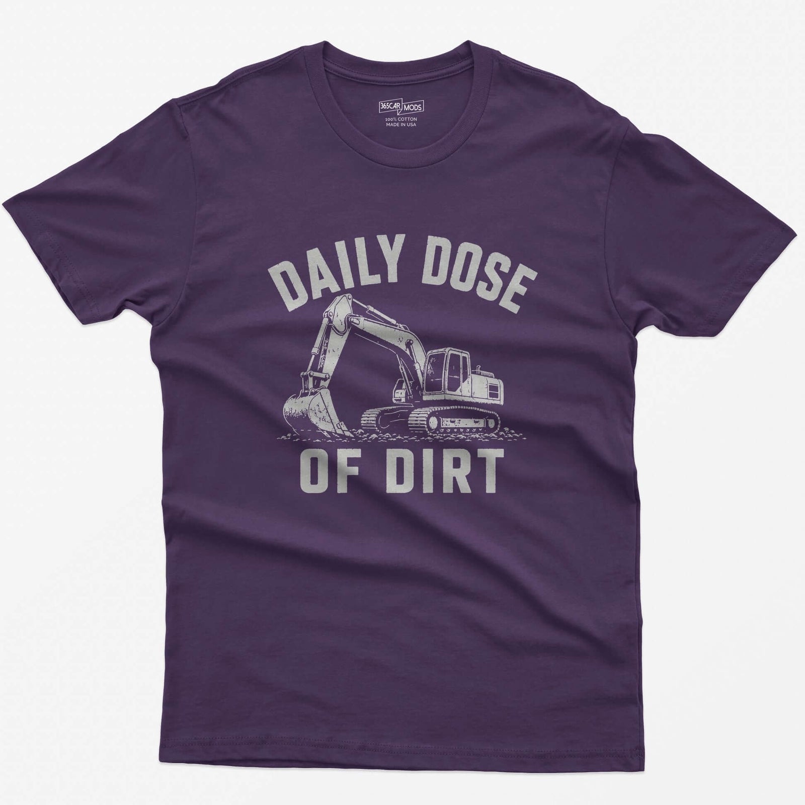 Purple t-shirt with distressed grey vintage drawing of a tracked excavator digging and the words Daily Dose of Dirt