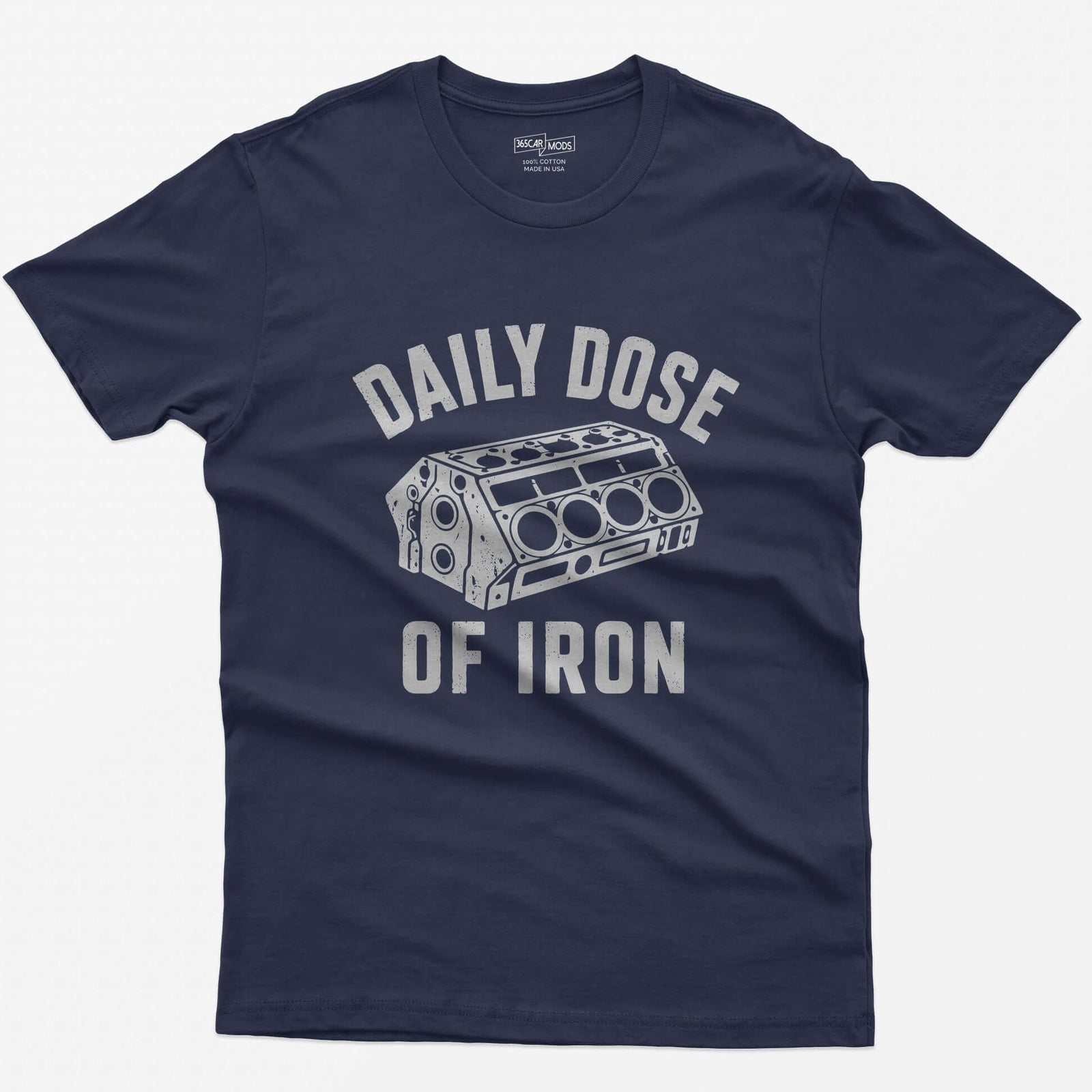 Heather Navy t-shirt with distressed grey drawing of a bare V8 engine block and the words Daily Dose of Iron