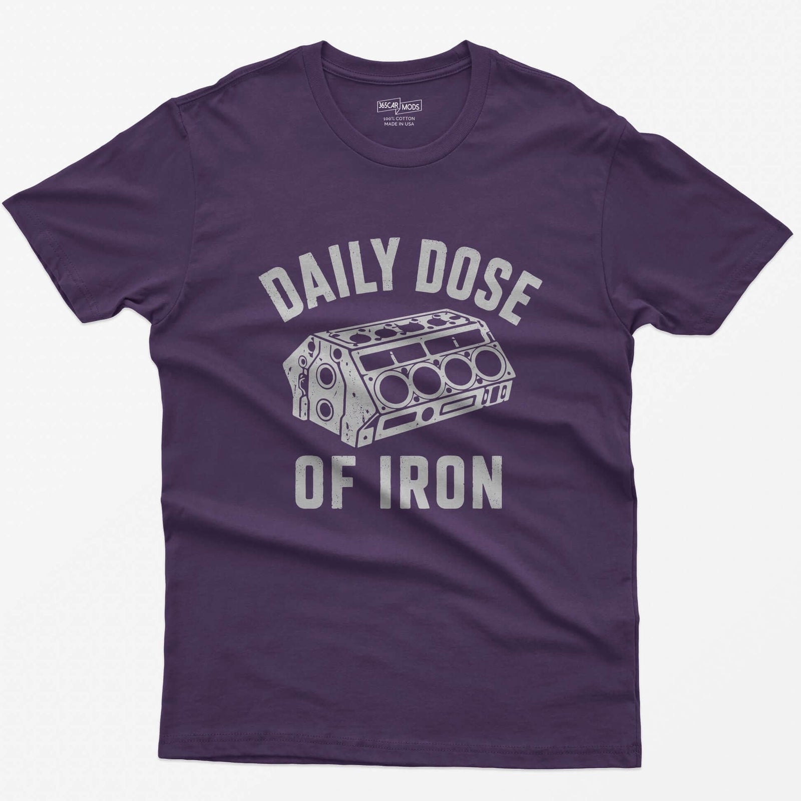 Purple t-shirt with distressed grey drawing of a bare V8 engine block and the words Daily Dose of Iron