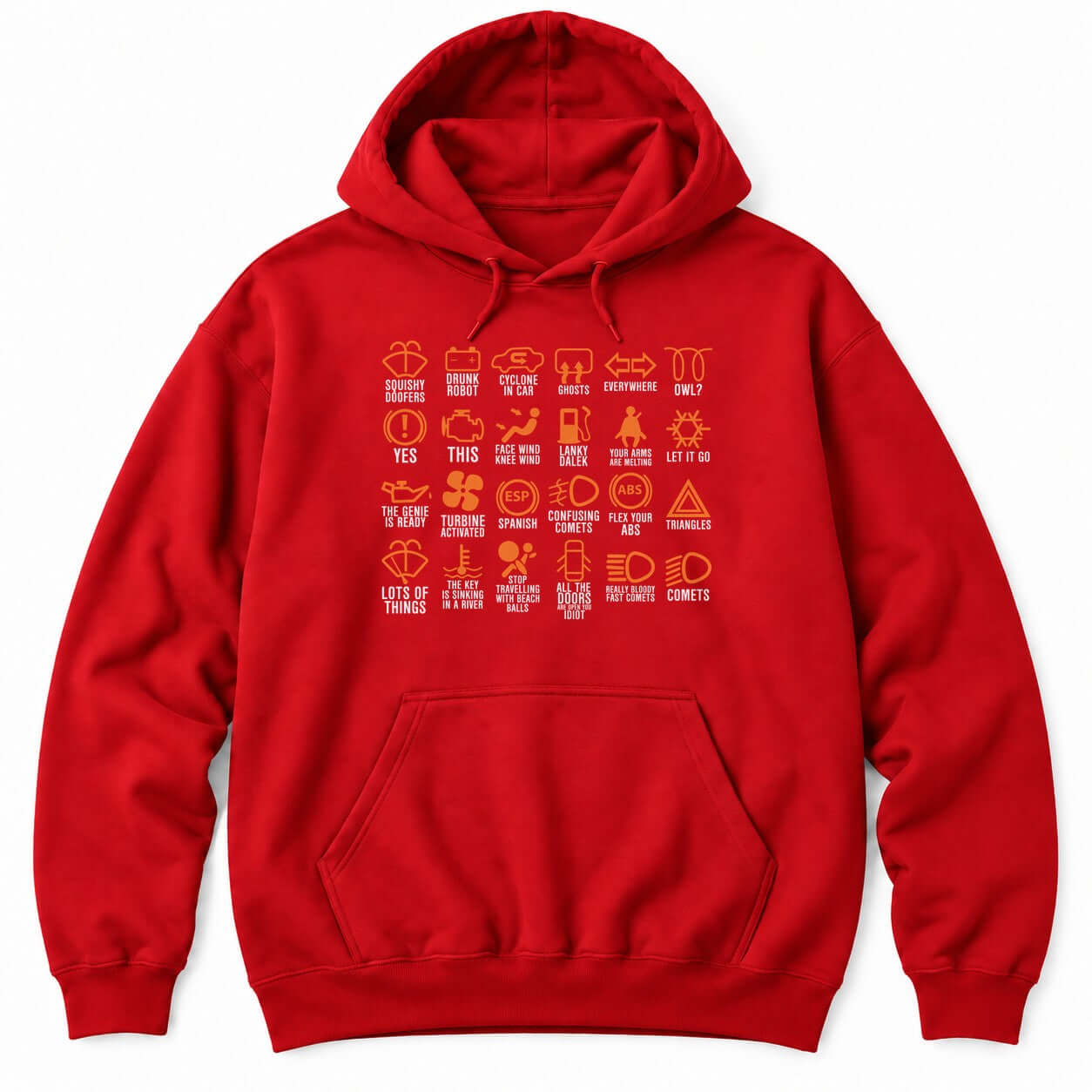 Red hoodie with a grid of 24 orange dashboard warning light icons with funny made-up labels in white