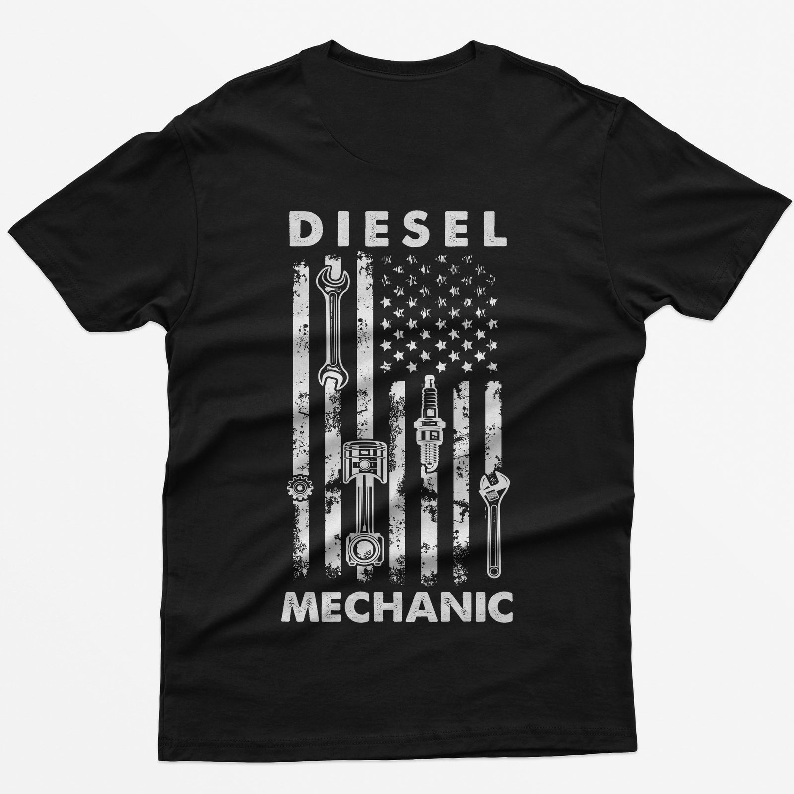Black t-shirt with Diesel Mechanic back print, American flag with wrench, piston, spark plug and gear in the stripes