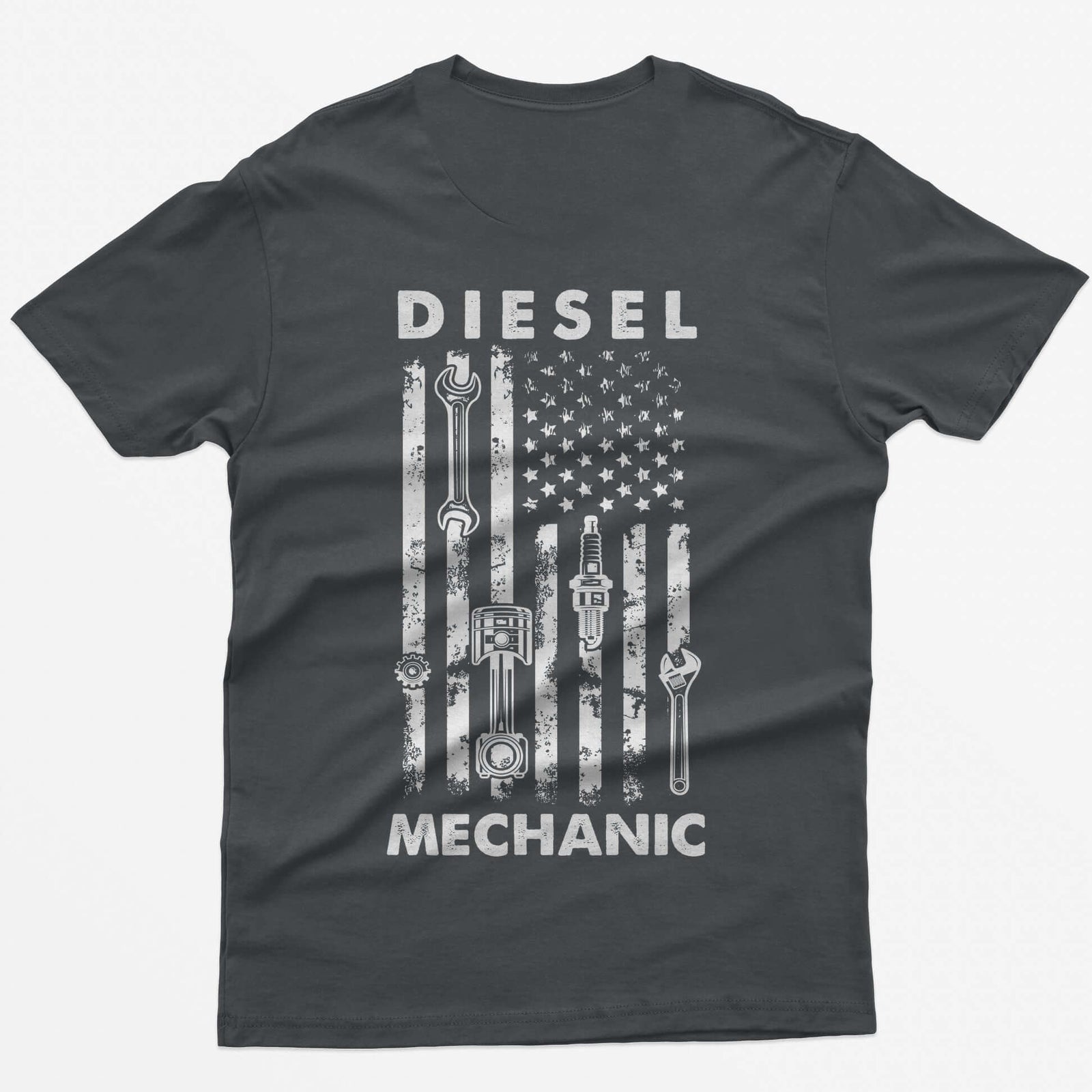 Charcoal t-shirt with Diesel Mechanic back print, American flag with wrench, piston, spark plug and gear in the stripes