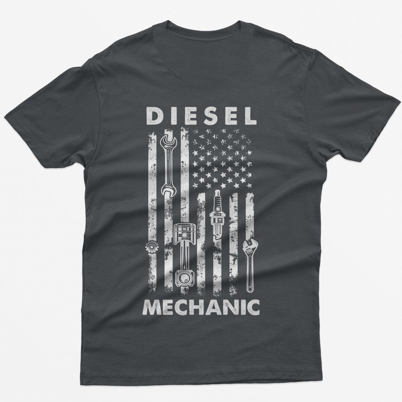 Charcoal t-shirt with Diesel Mechanic back print, American flag with wrench, piston, spark plug and gear in the stripes