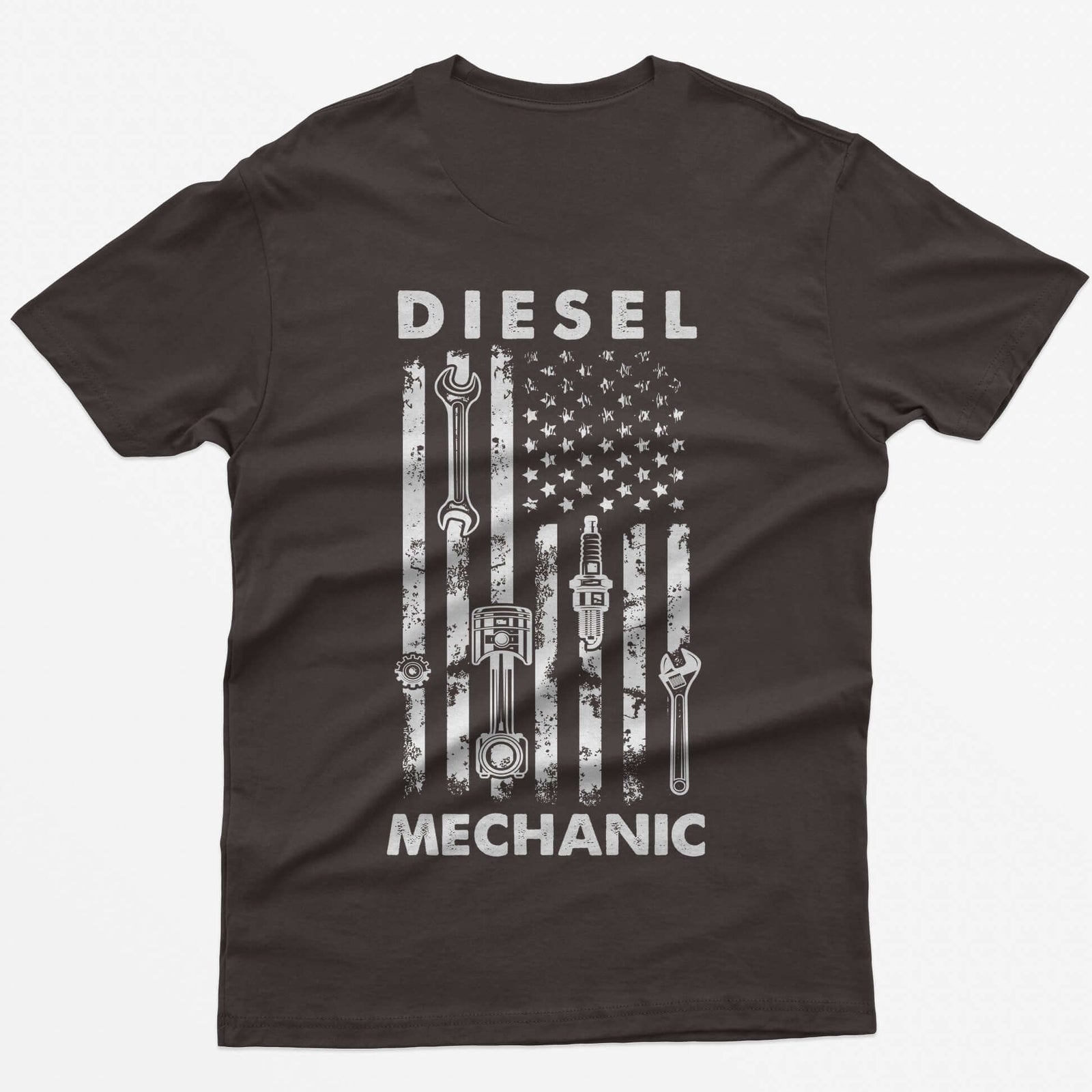 Dark Chocolate t-shirt with Diesel Mechanic back print, American flag with wrench, piston, spark plug and gear in the stripes