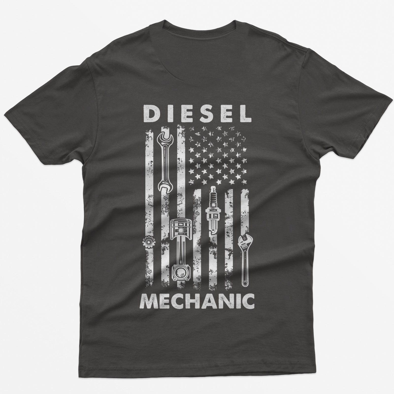 Dark Heather t-shirt with Diesel Mechanic back print, American flag with wrench, piston, spark plug and gear in the stripes